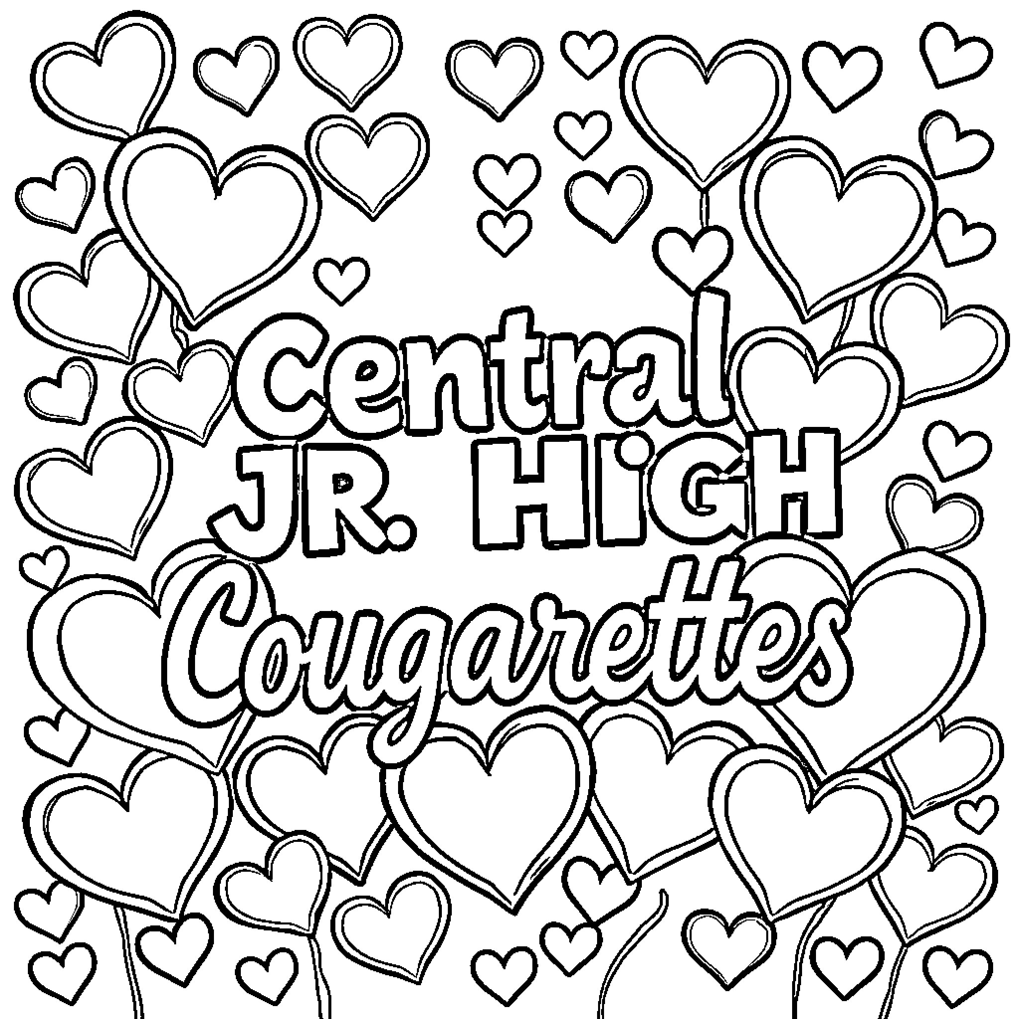 Heart-filled Expressions of Central Jr. High Cougarettes Coloring Page (free black-and-white line drawing printable PDF for all, from beginners to advanced learners, including children, teens, adults, and seniors)