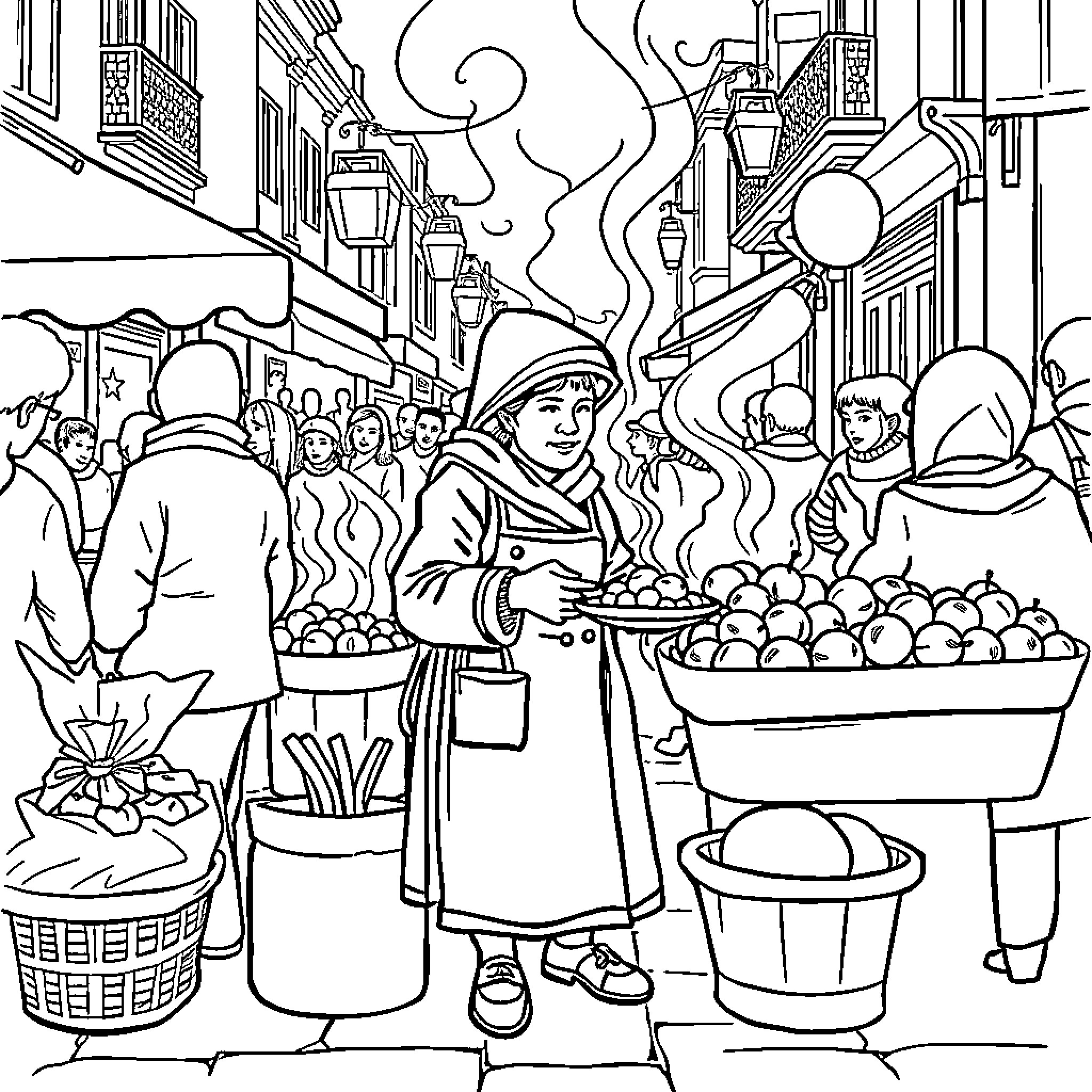Castañera selling roasted chestnuts in a bustling street market Coloring Page (free black-and-white line drawing printable PDF for all, from beginners to advanced learners, including children, teens, adults, and seniors)