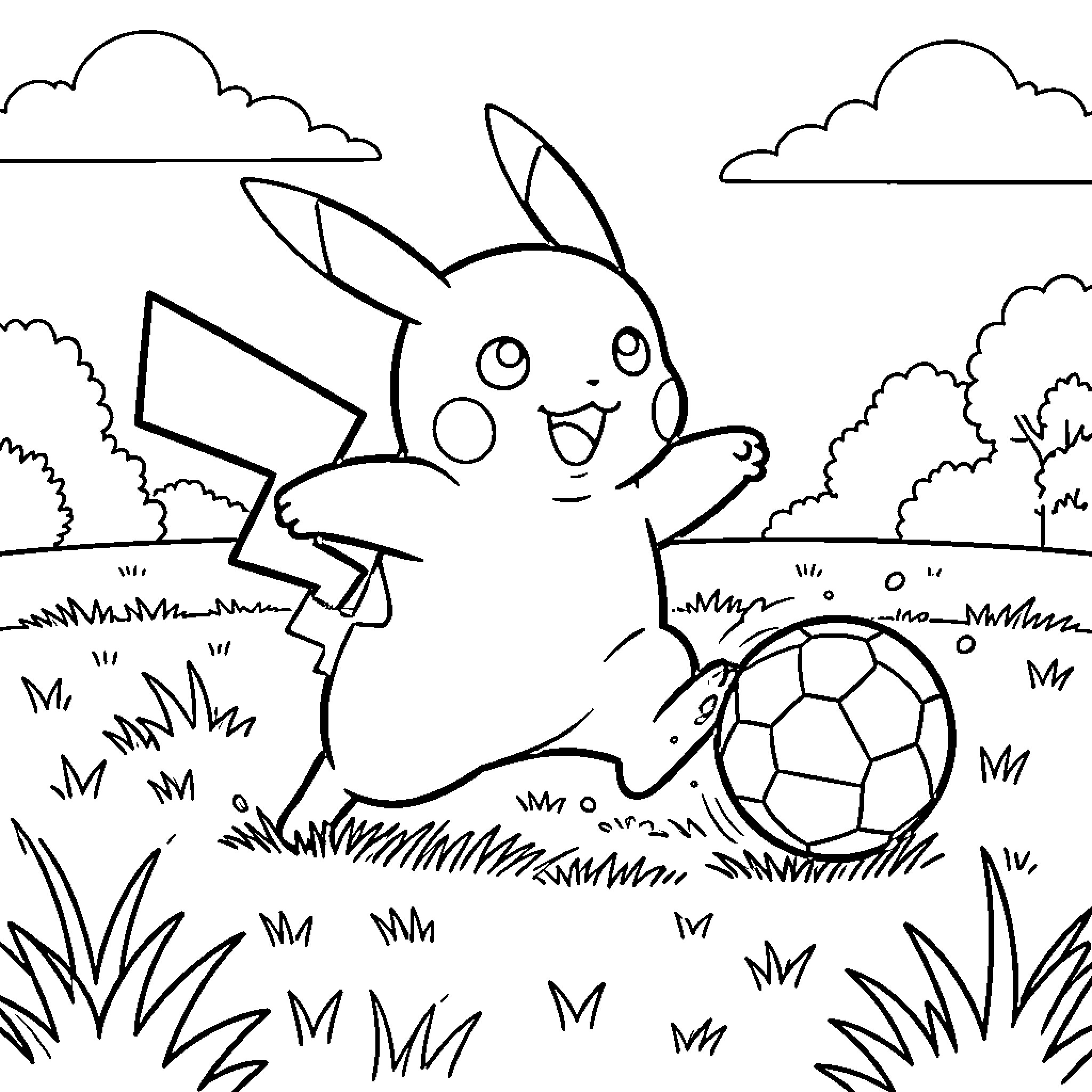 Pikachu playing soccer in a grassy field Coloring Page (free black-and-white line drawing printable PDF for all, from beginners to advanced learners, including children, teens, adults, and seniors)
