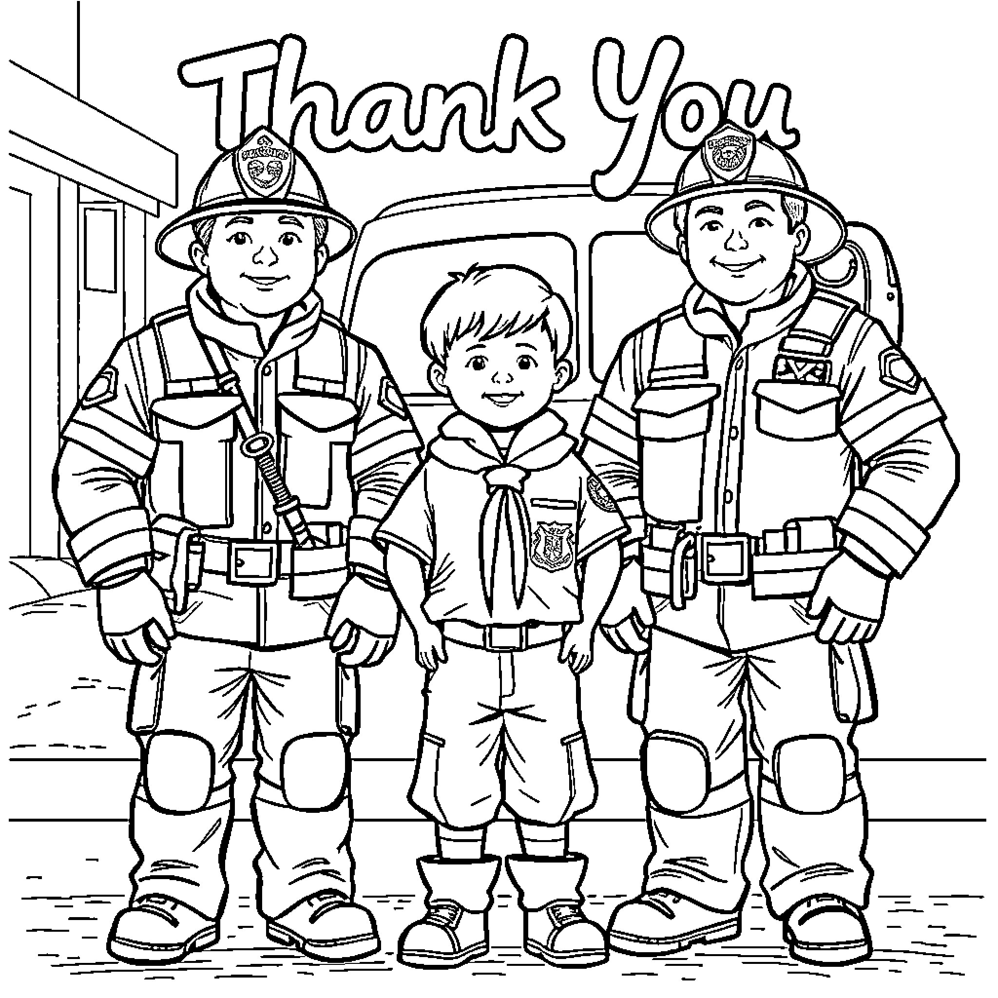 Cub Scouts thanking firefighters for their service Coloring Page (free black-and-white line drawing printable PDF for all, from beginners to advanced learners, including children, teens, adults, and seniors)