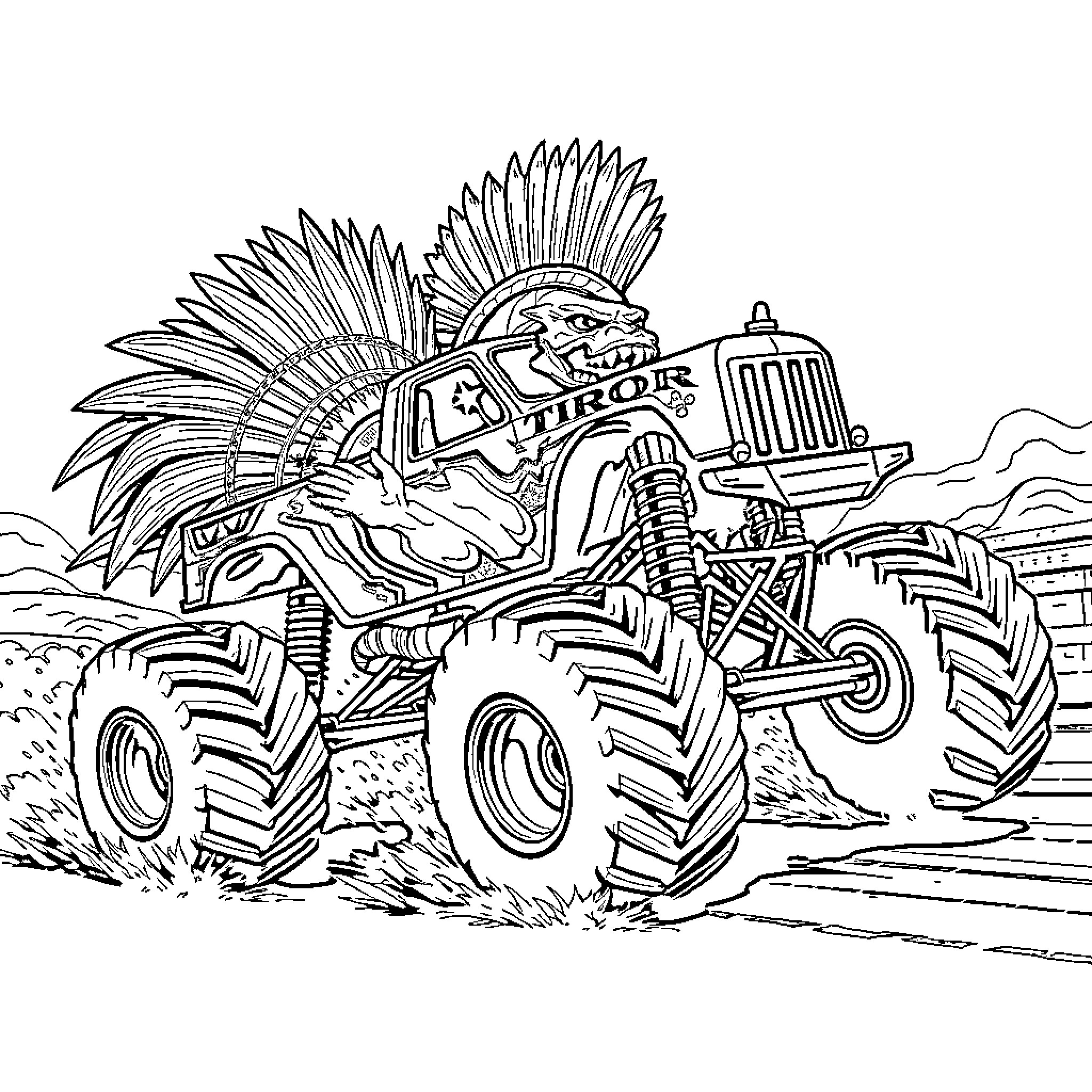 Monster Truck Conquering Rugged Terrain Coloring Page (free black-and-white line drawing printable PDF for all, from beginners to advanced learners, including children, teens, adults, and seniors)