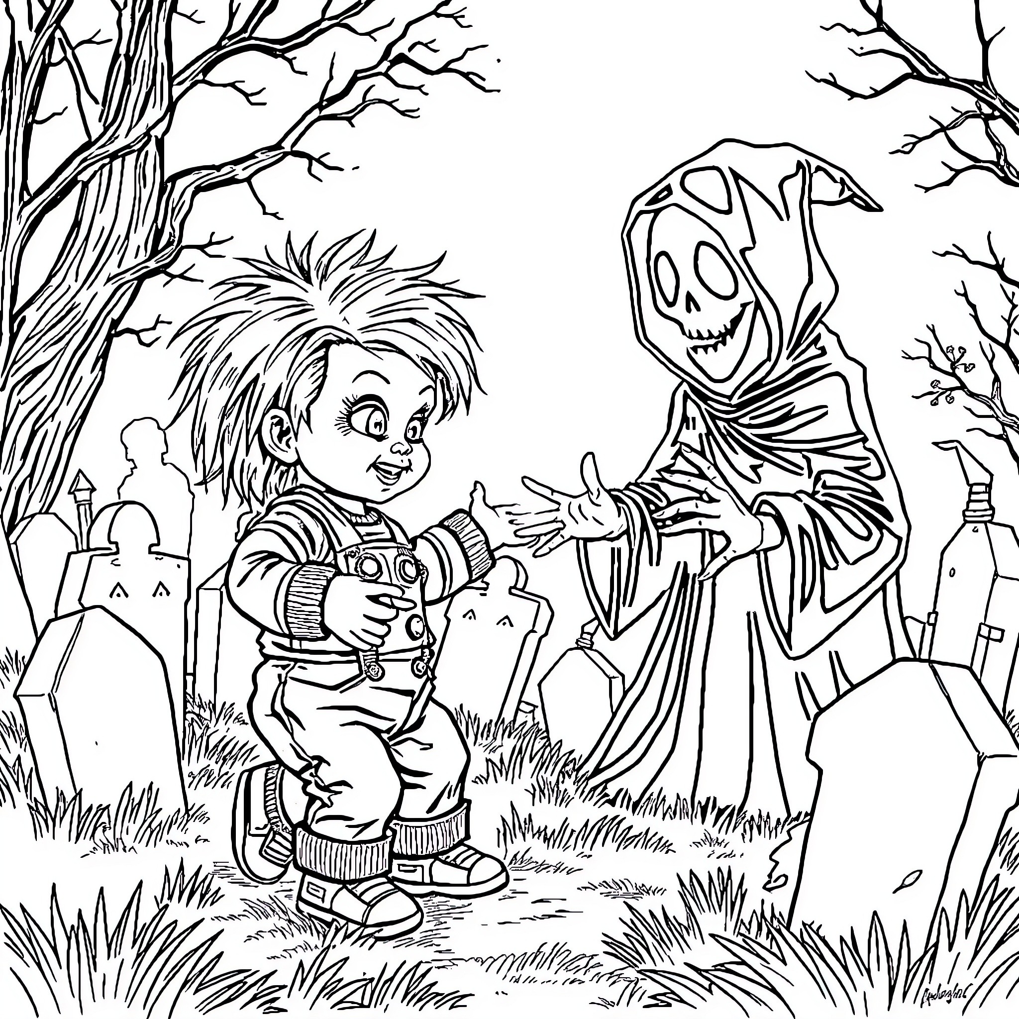 Chucky in Haunting Encounter with Grim Reaper Coloring Page (free black-and-white line drawing printable PDF for all, from beginners to advanced learners, including children, teens, adults, and seniors)
