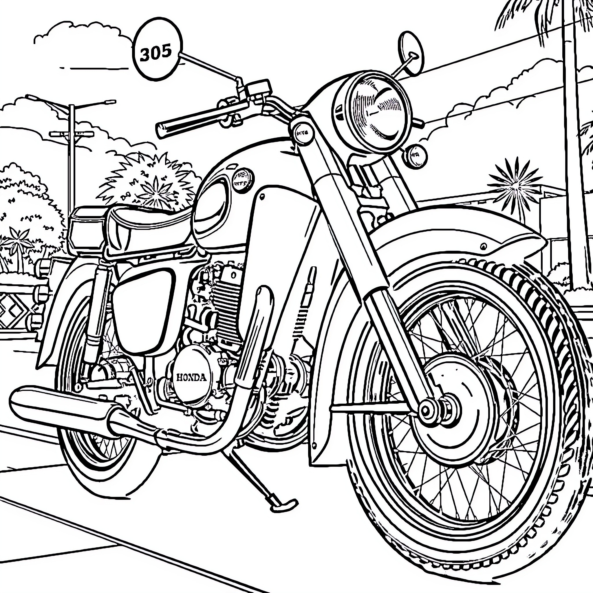 Honda motorcycle on a scenic road Coloring Page (free black-and-white line drawing printable PDF for all, from beginners to advanced learners, including children, teens, adults, and seniors)