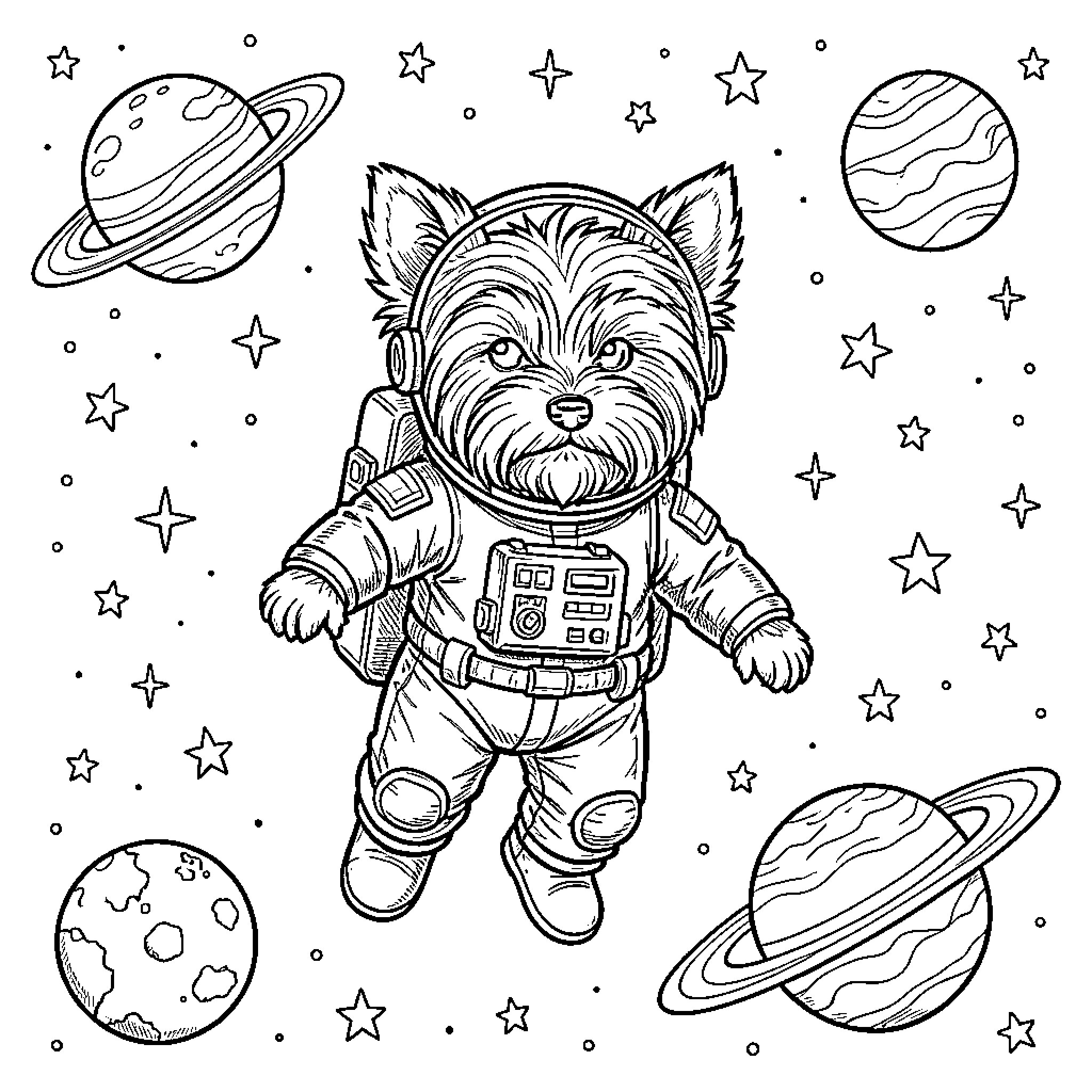 Yorkie astronaut exploring the cosmos Coloring Page (free black-and-white line drawing printable PDF for all, from beginners to advanced learners, including children, teens, adults, and seniors)