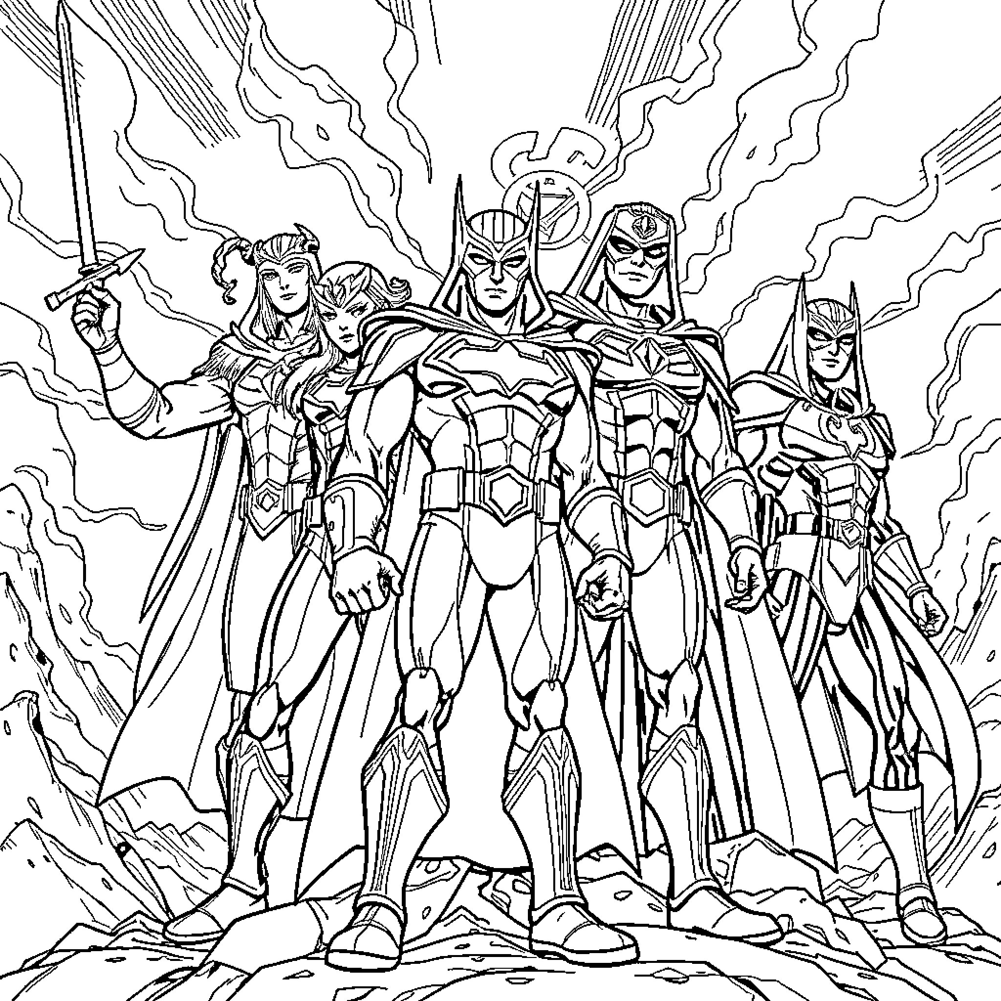 Avenger Heroes in Heroic Pose Coloring Page (free black-and-white line drawing printable PDF for all, from beginners to advanced learners, including children, teens, adults, and seniors)