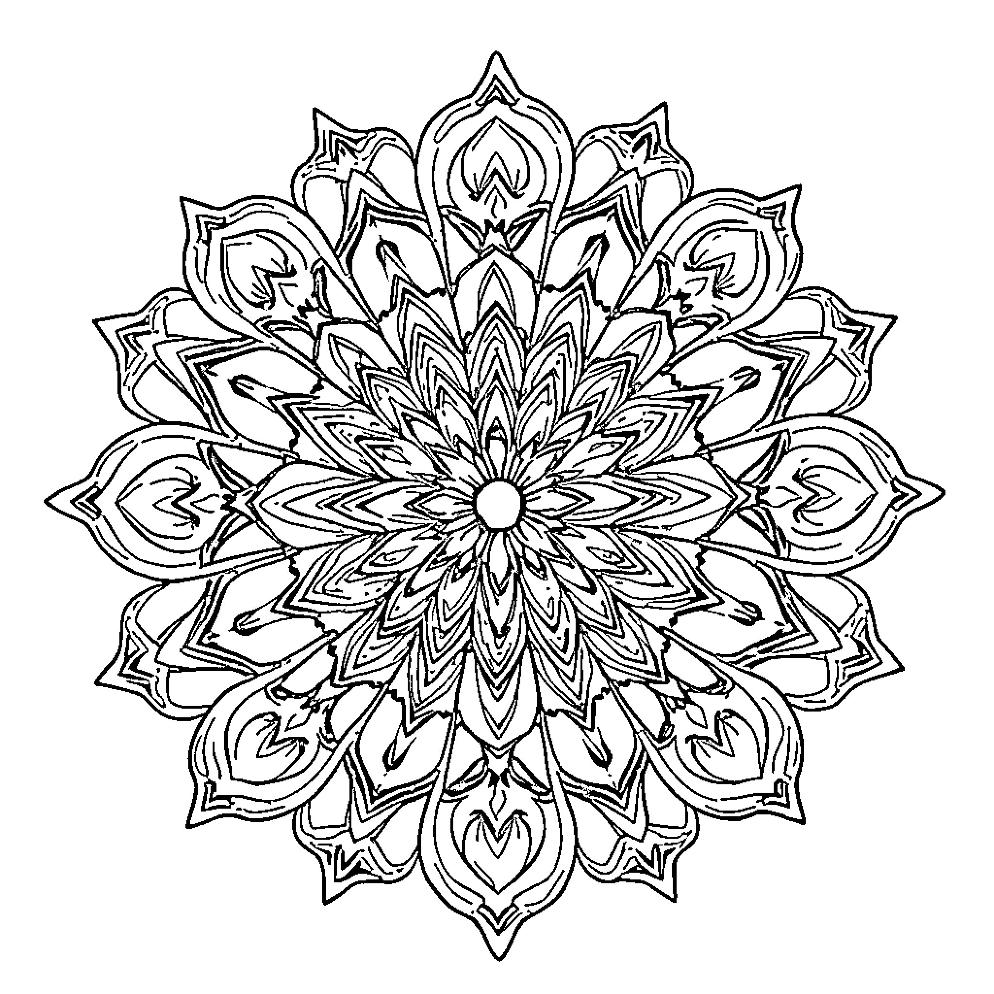 Mandala of intricate flower-like patterns Coloring Page (free black-and-white line drawing printable PDF for all, from beginners to advanced learners, including children, teens, adults, and seniors)