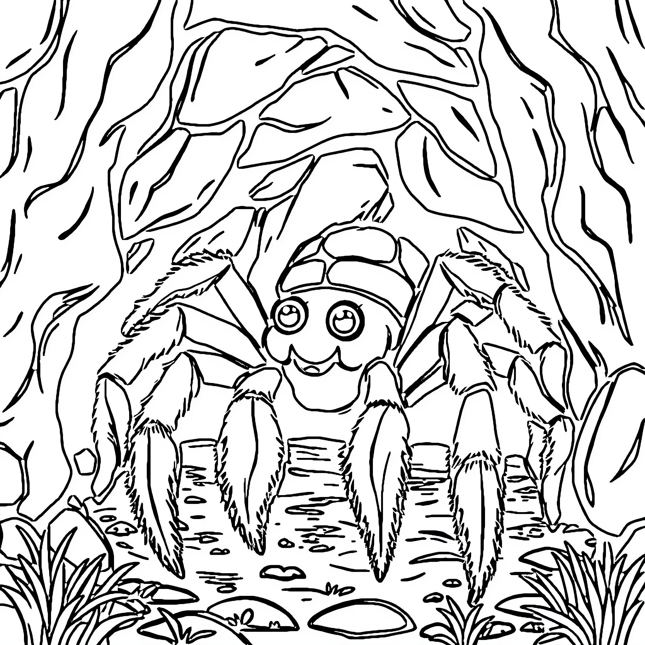 Spider exploring the forest undergrowth Coloring Page (free black-and-white line drawing printable PDF for all, from beginners to advanced learners, including children, teens, adults, and seniors)