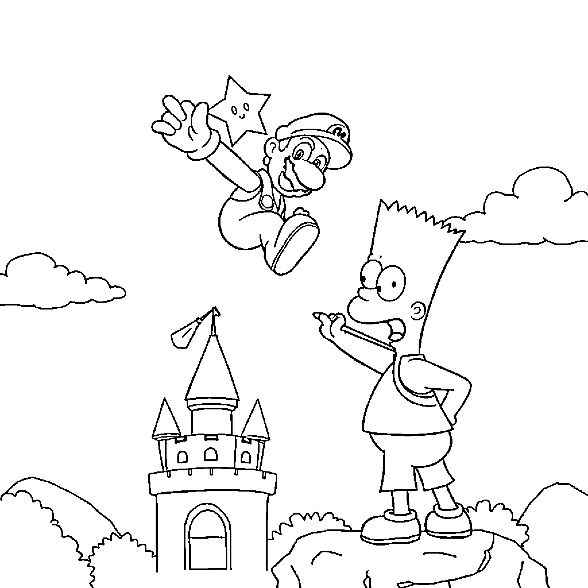 Mario Jumping with Excitement near Cartoon Castle Coloring Page (free black-and-white line drawing printable PDF for all, from beginners to advanced learners, including children, teens, adults, and seniors)