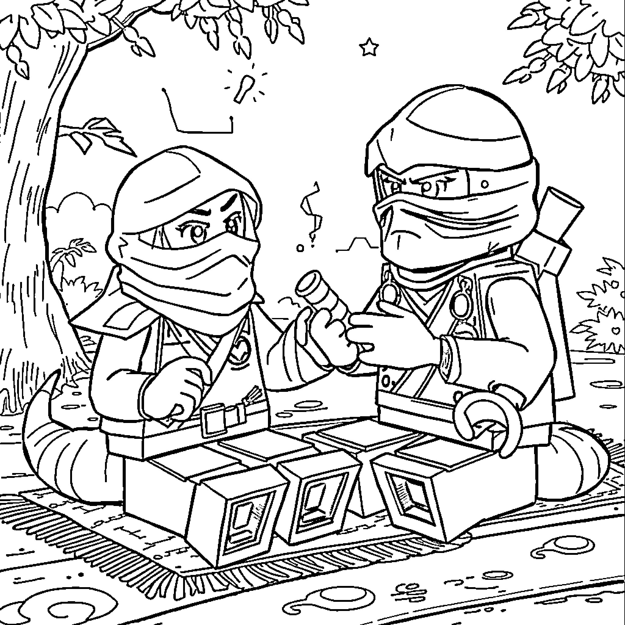 Zane and Kai Fixing a Broken Vehicle in the Forest Coloring Page (free black-and-white line drawing printable PDF for all, from beginners to advanced learners, including children, teens, adults, and seniors)