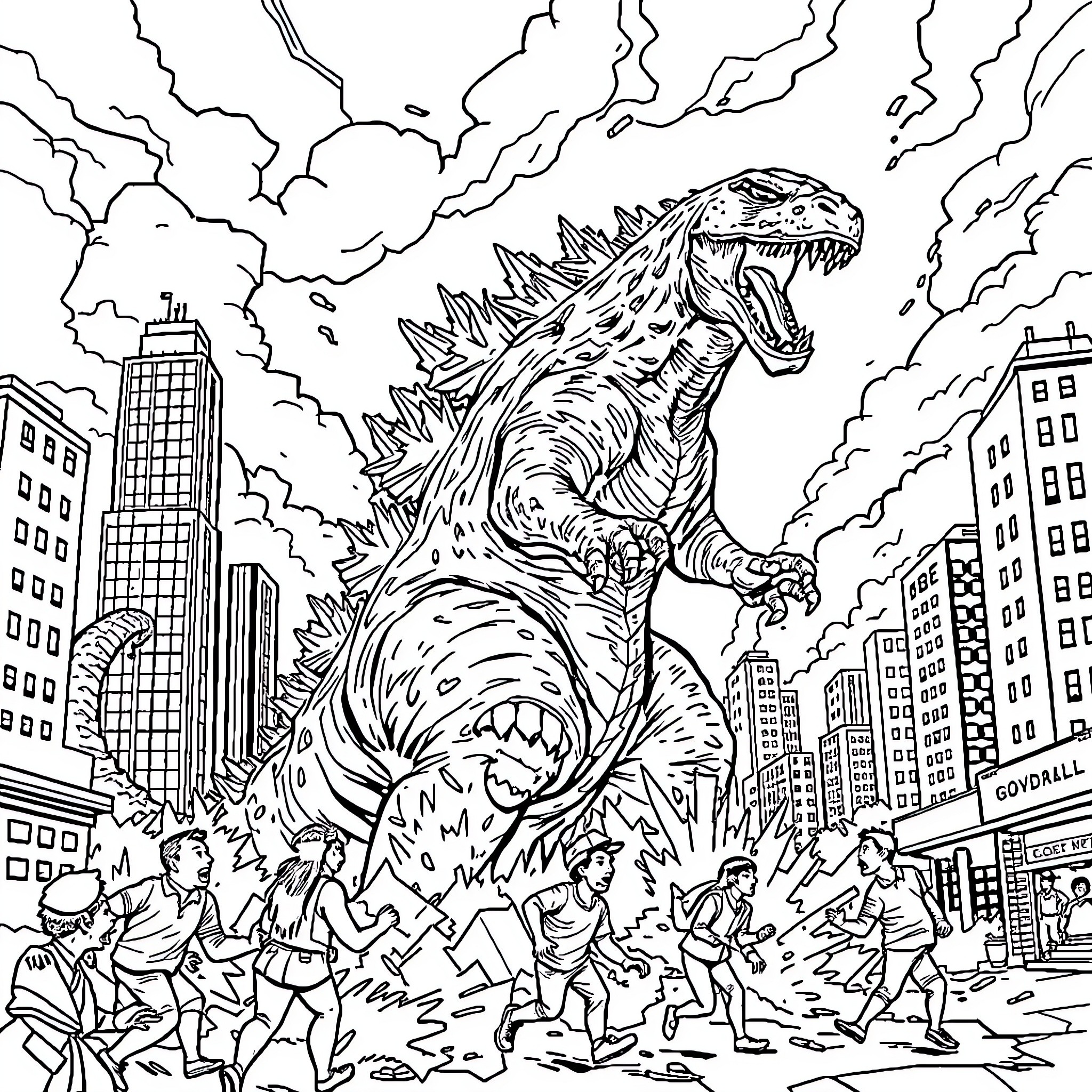 Godzilla wreaking havoc in the city Coloring Page (free black-and-white line drawing printable PDF for all, from beginners to advanced learners, including children, teens, adults, and seniors)