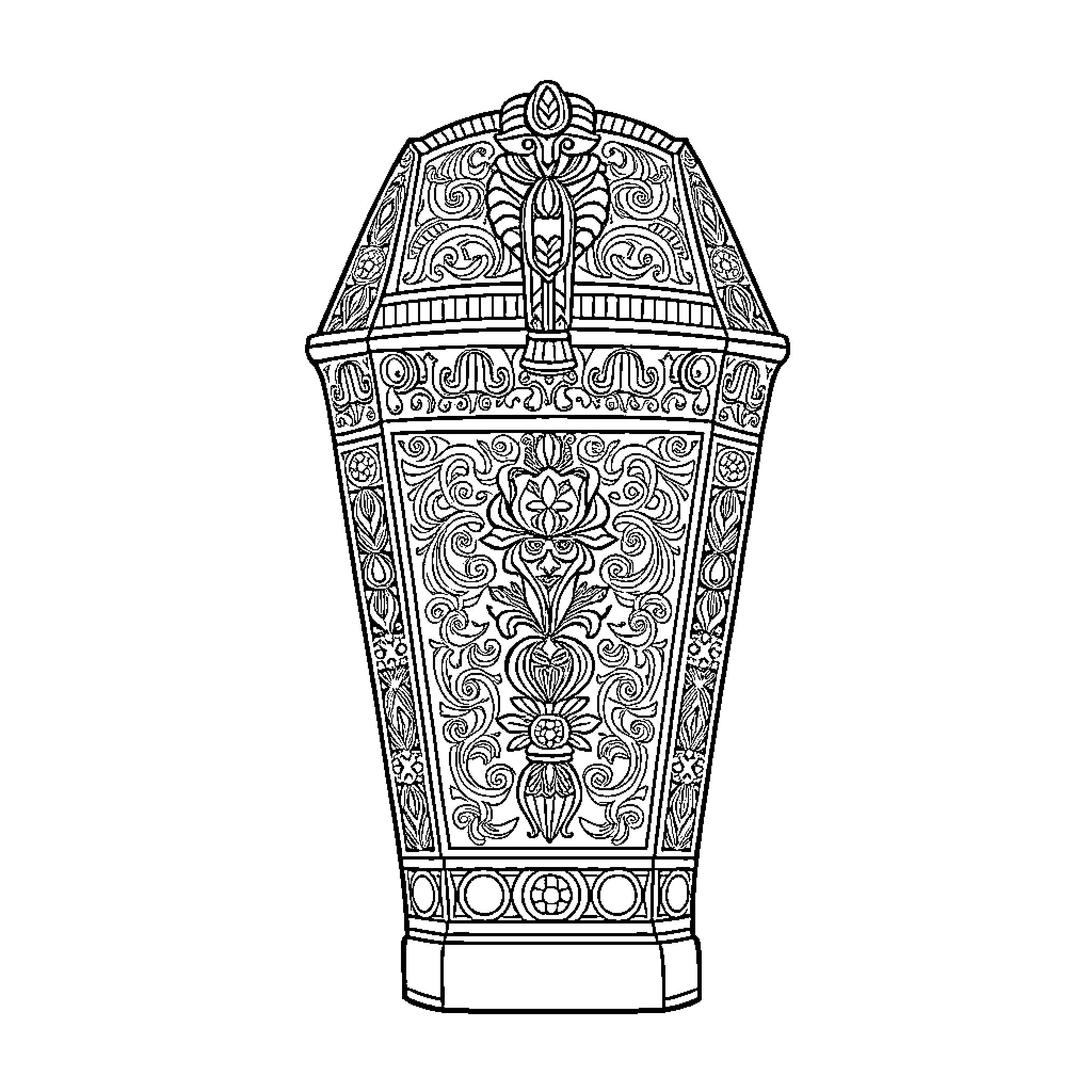 Sarcophagus with ornate decorative patterns Coloring Page (free black-and-white line drawing printable PDF for all, from beginners to advanced learners, including children, teens, adults, and seniors)