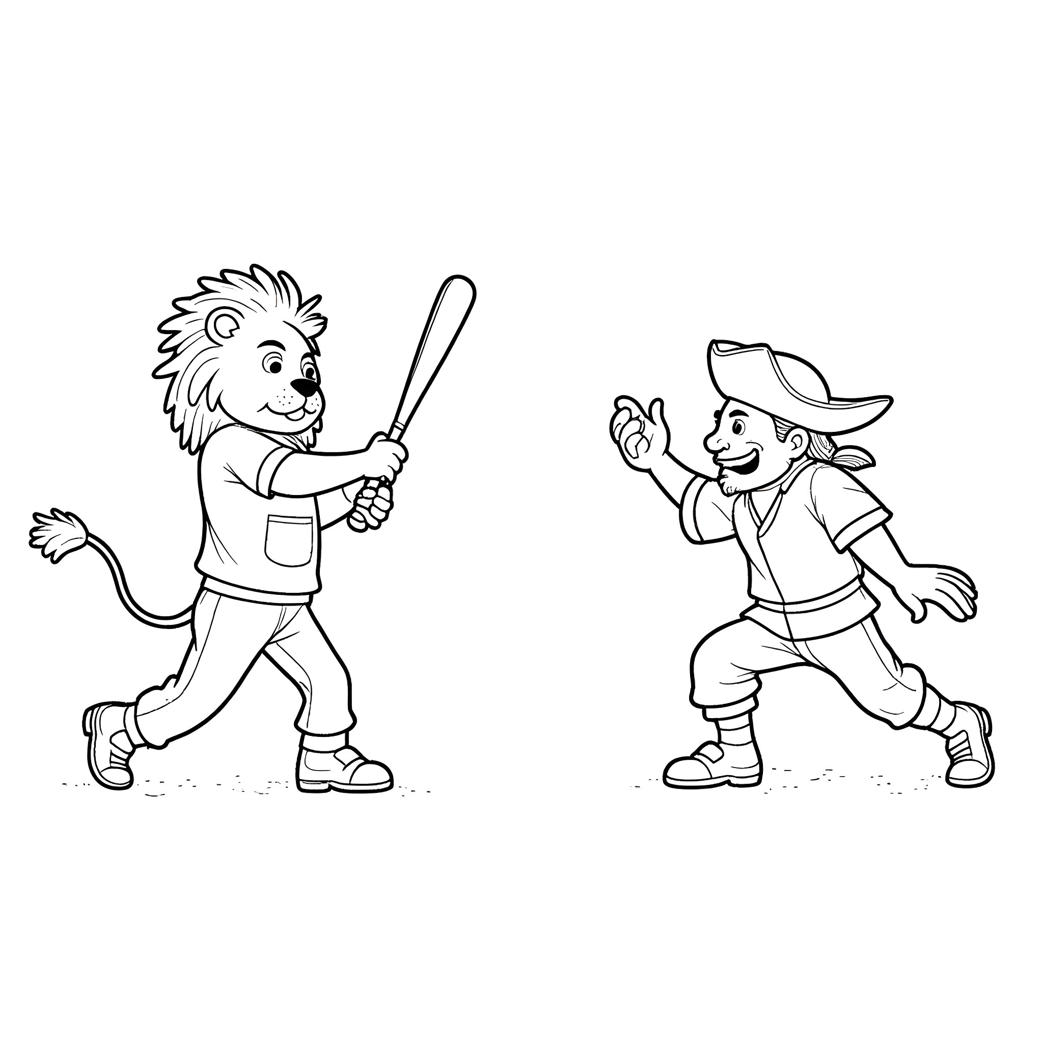 Lion and boy playing baseball Coloring Page (free black-and-white line drawing printable PDF for all, from beginners to advanced learners, including children, teens, adults, and seniors)