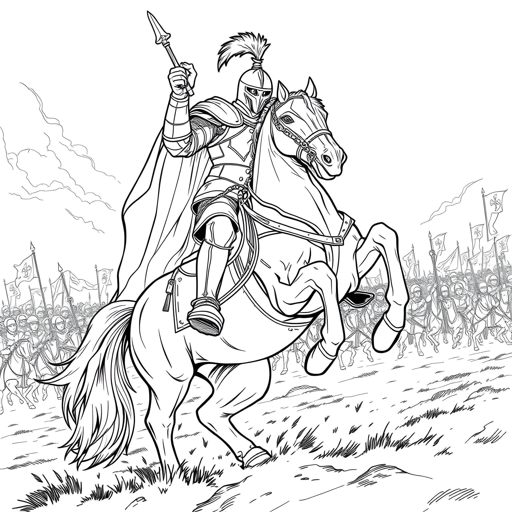 Knight leading an army into battle on horseback Coloring Page (free black-and-white line drawing printable PDF for all, from beginners to advanced learners, including children, teens, adults, and seniors)