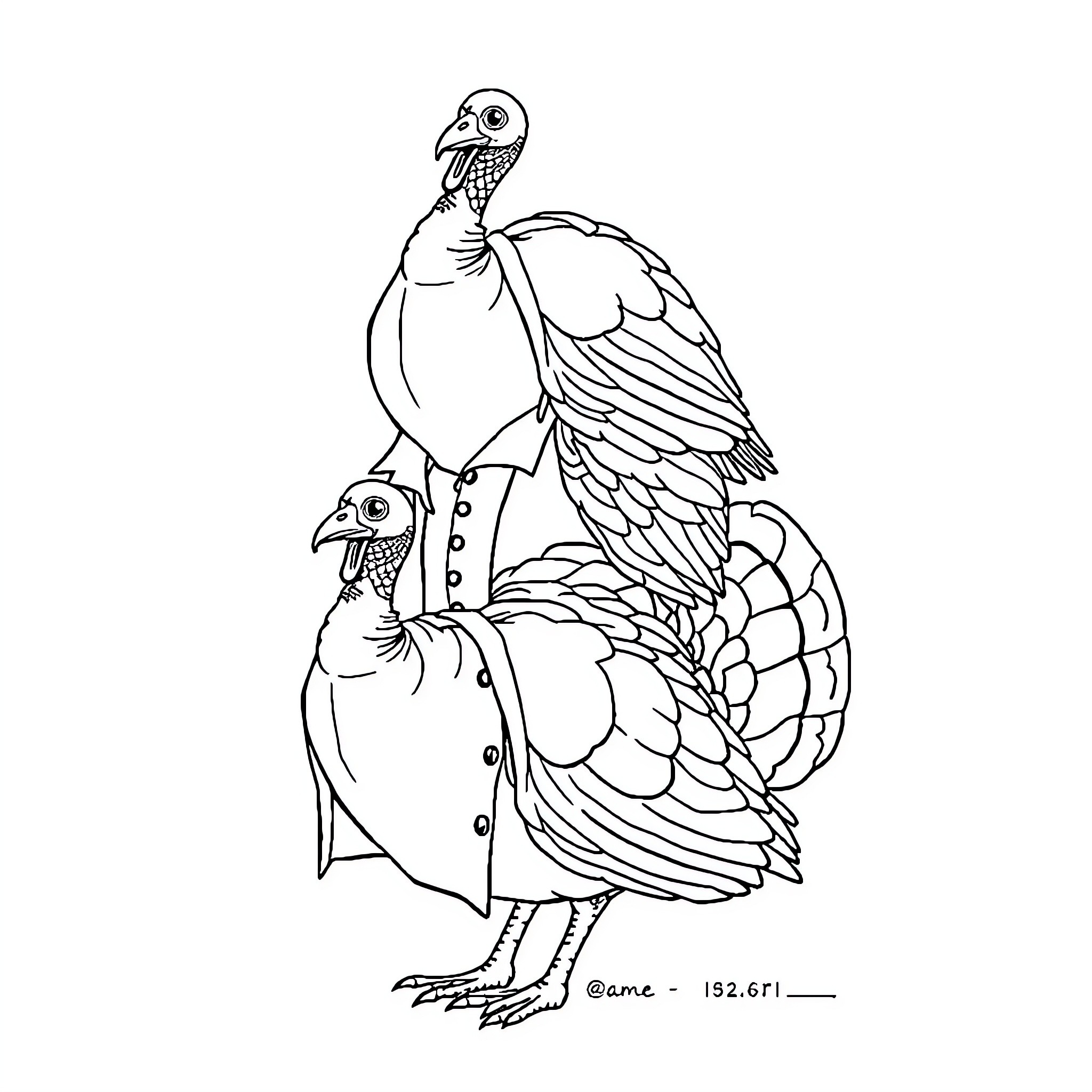 Turkey Couple in Whimsical Attire Coloring Page (free black-and-white line drawing printable PDF for all, from beginners to advanced learners, including children, teens, adults, and seniors)