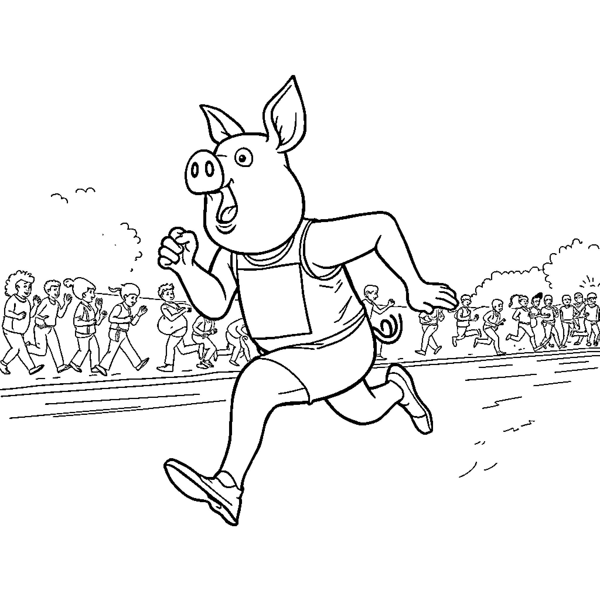 Pig running in a race with people Coloring Page (free black-and-white line drawing printable PDF for all, from beginners to advanced learners, including children, teens, adults, and seniors)