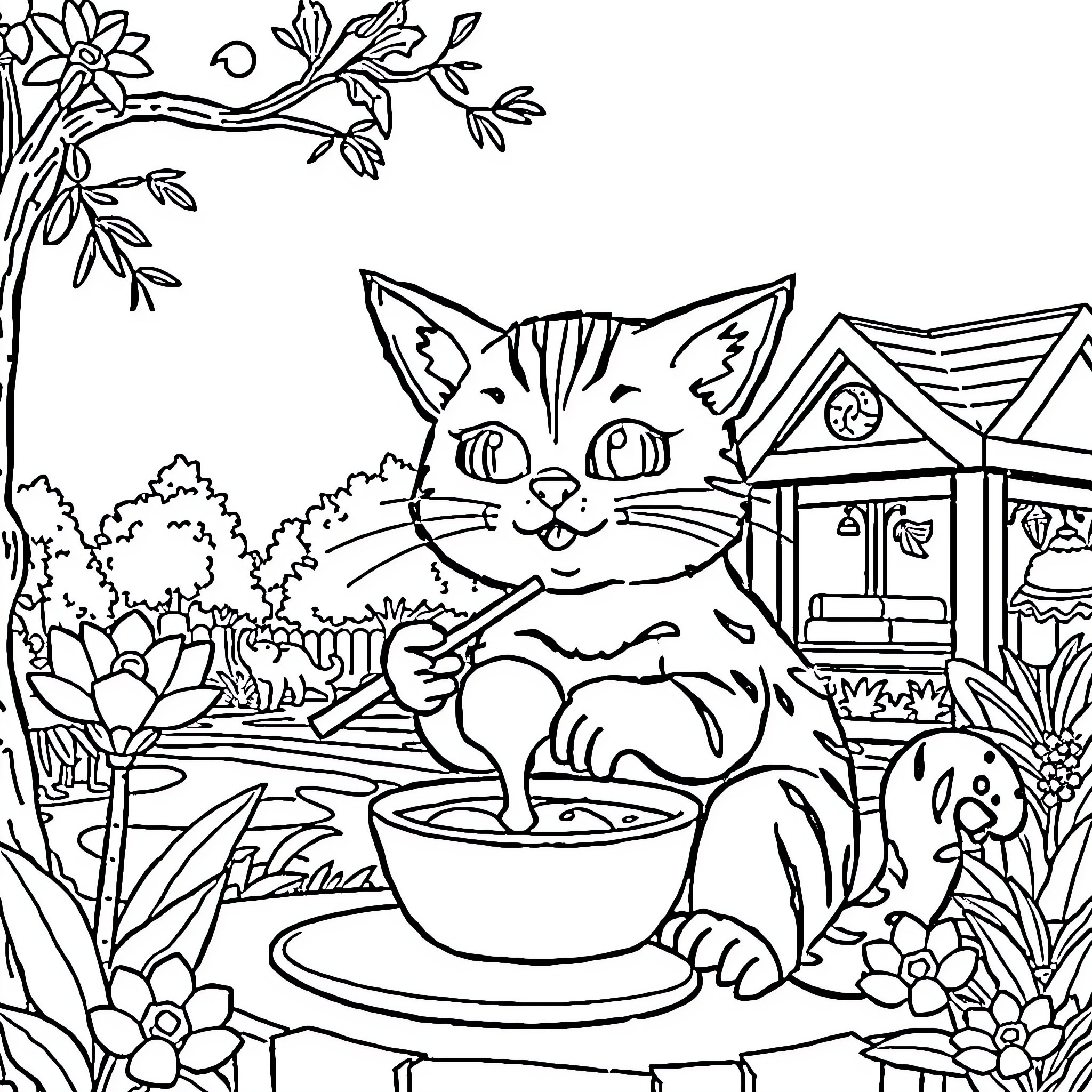 Cat enjoying a meal in a lush garden Coloring Page (free black-and-white line drawing printable PDF for all, from beginners to advanced learners, including children, teens, adults, and seniors)