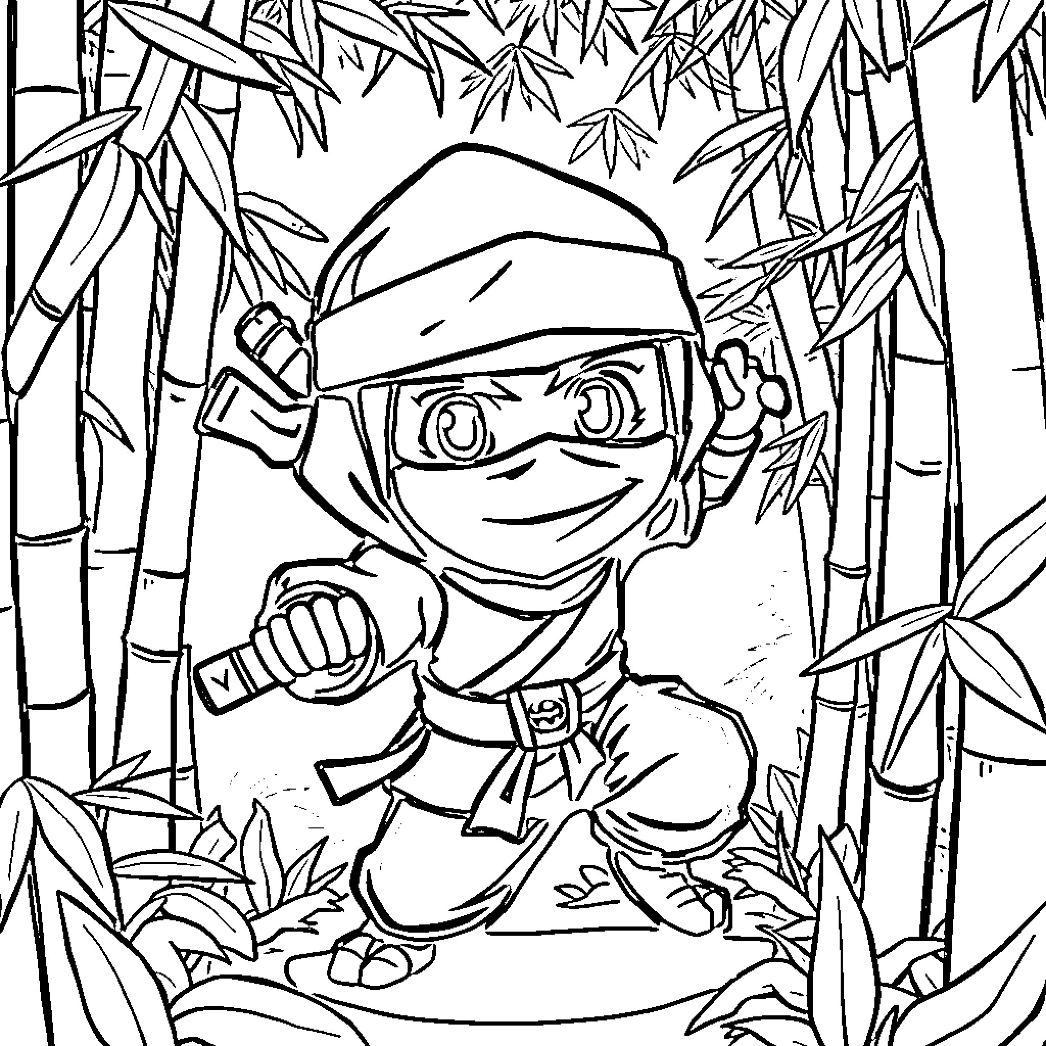 Ninja warrior sneaking through bamboo forest Coloring Page (free black-and-white line drawing printable PDF for all, from beginners to advanced learners, including children, teens, adults, and seniors)