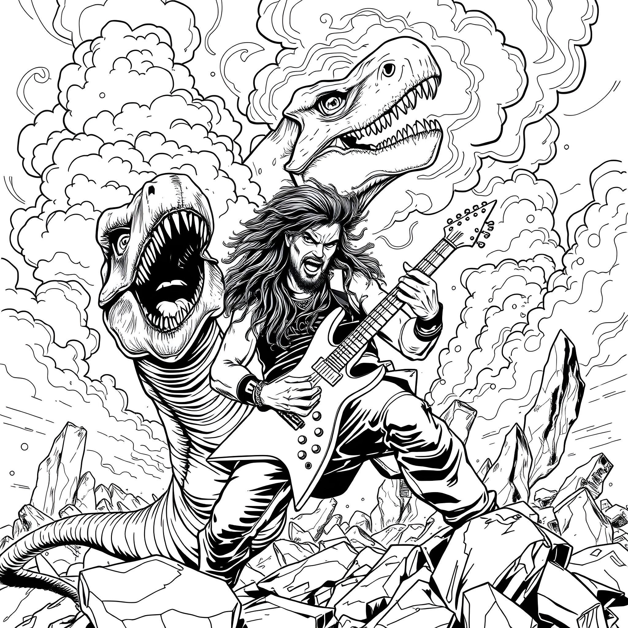 Dimebag Darrel rocking out among ferocious dinosaurs Coloring Page (free black-and-white line drawing printable PDF for all, from beginners to advanced learners, including children, teens, adults, and seniors)
