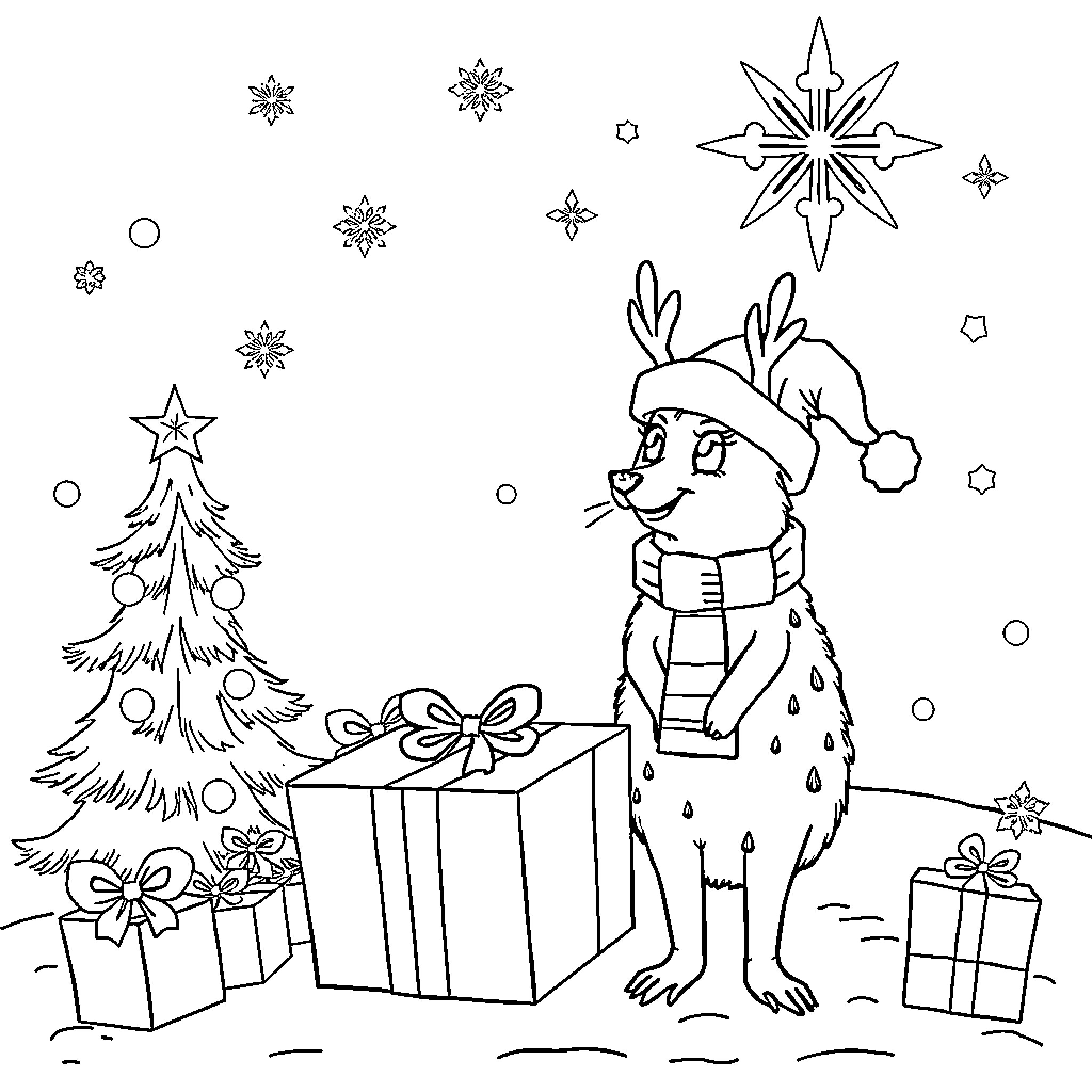 Huntrix's Festive Celebration with Gifts and Decorations Coloring Page (free black-and-white line drawing printable PDF for all, from beginners to advanced learners, including children, teens, adults, and seniors)