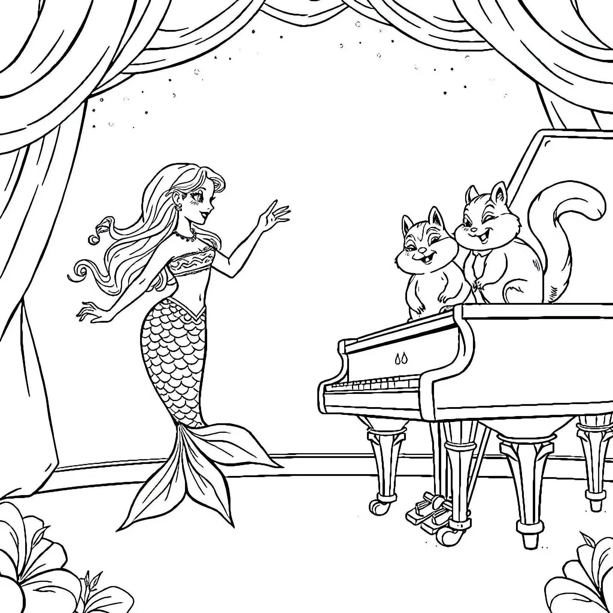 Mermaid performing on stage with squirrels Coloring Page (free black-and-white line drawing printable PDF for all, from beginners to advanced learners, including children, teens, adults, and seniors)