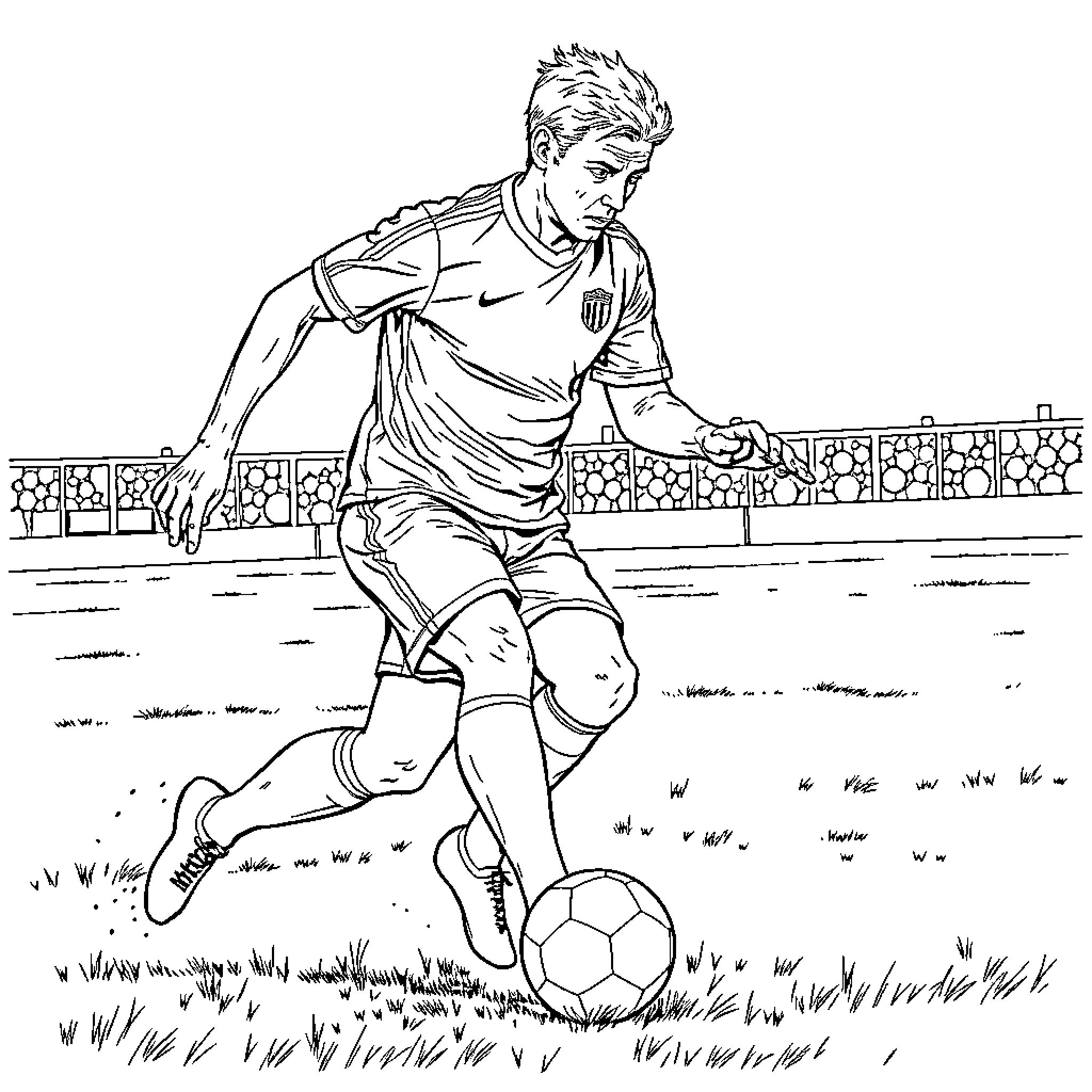Footballer dribbling a soccer ball on the field Coloring Page (free black-and-white line drawing printable PDF for all, from beginners to advanced learners, including children, teens, adults, and seniors)