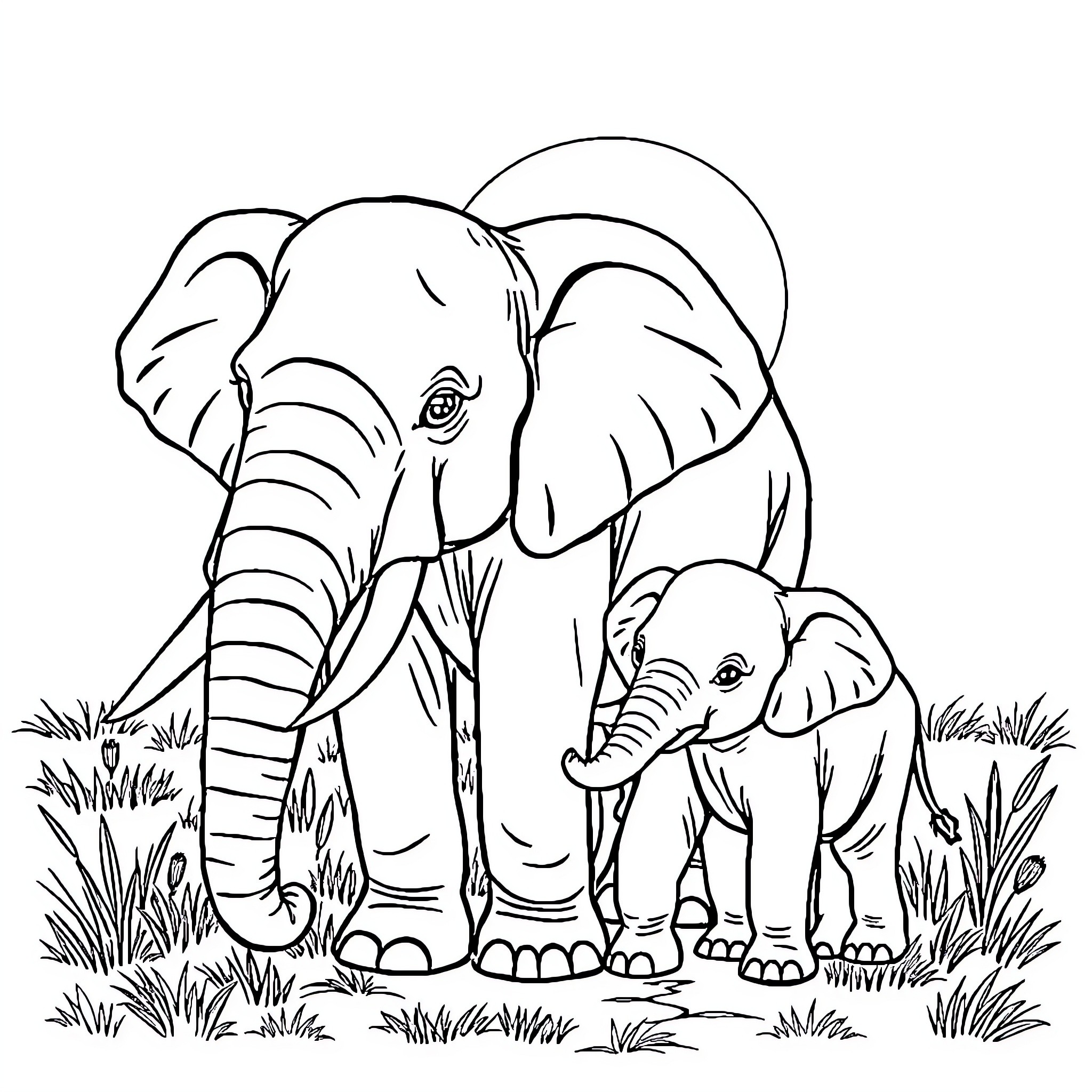 Elephant Family Strolling through the Grasslands Coloring Page (free black-and-white line drawing printable PDF for all, from beginners to advanced learners, including children, teens, adults, and seniors)
