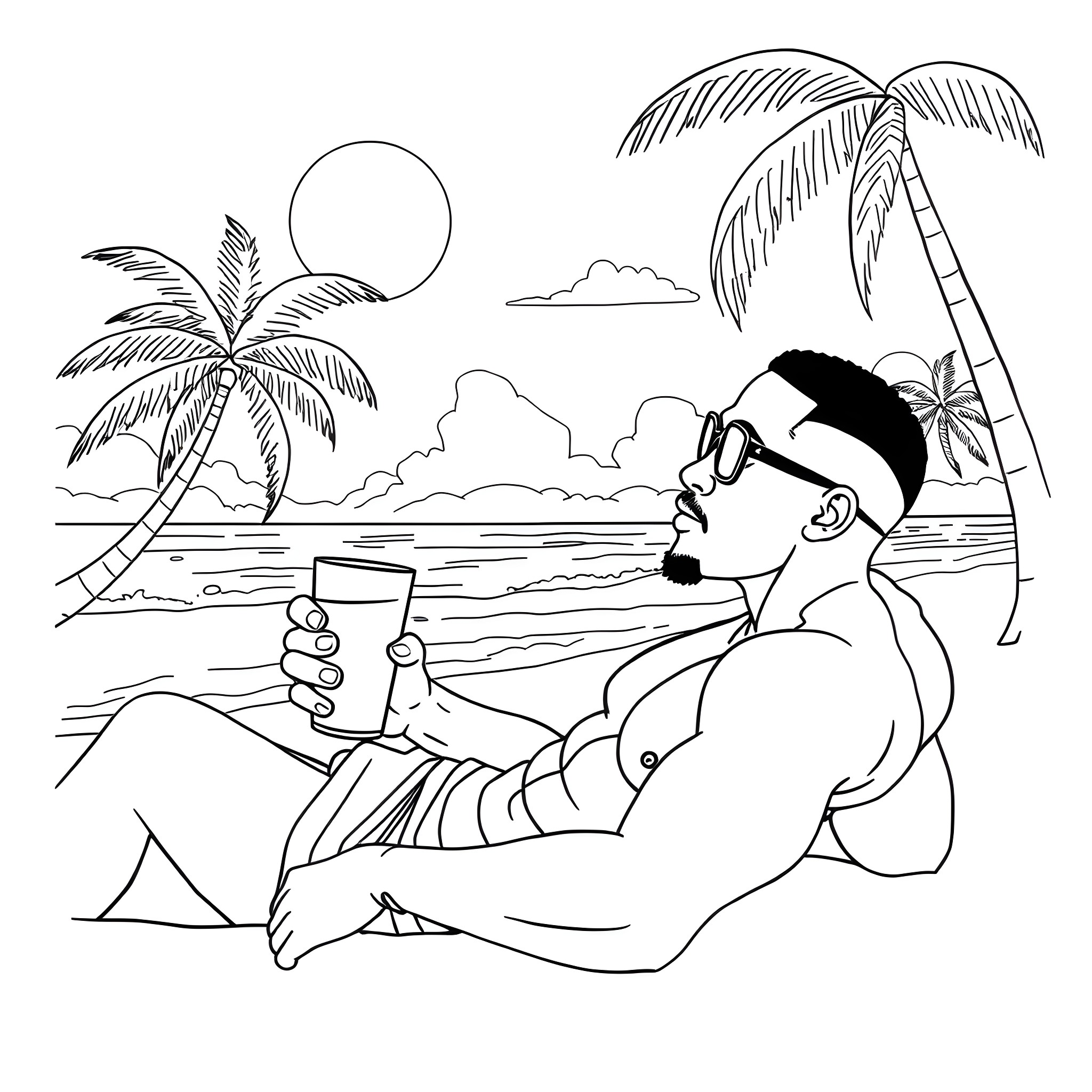 Will Smith relaxing on the beach with a drink Coloring Page (free black-and-white line drawing printable PDF for all, from beginners to advanced learners, including children, teens, adults, and seniors)