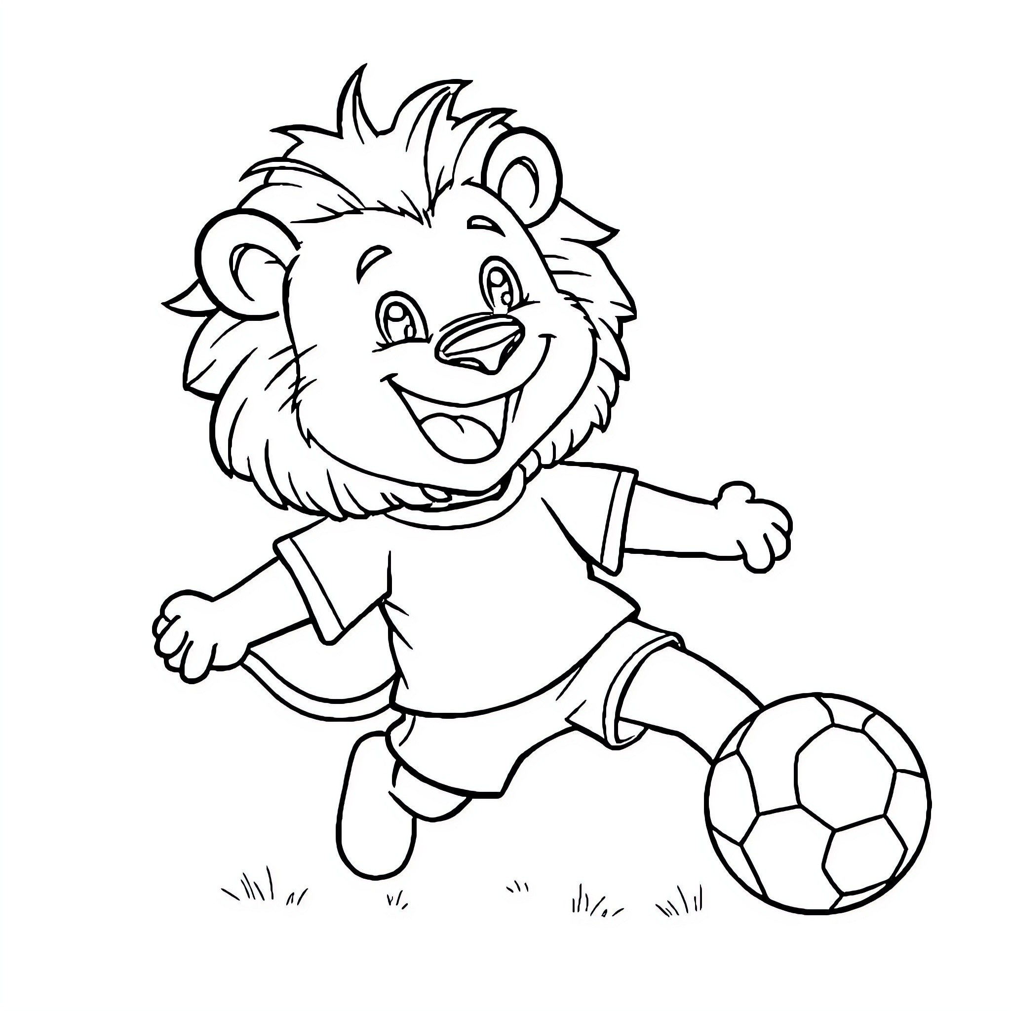 Lion playing with soccer ball Coloring Page (free black-and-white line drawing printable PDF for all, from beginners to advanced learners, including children, teens, adults, and seniors)