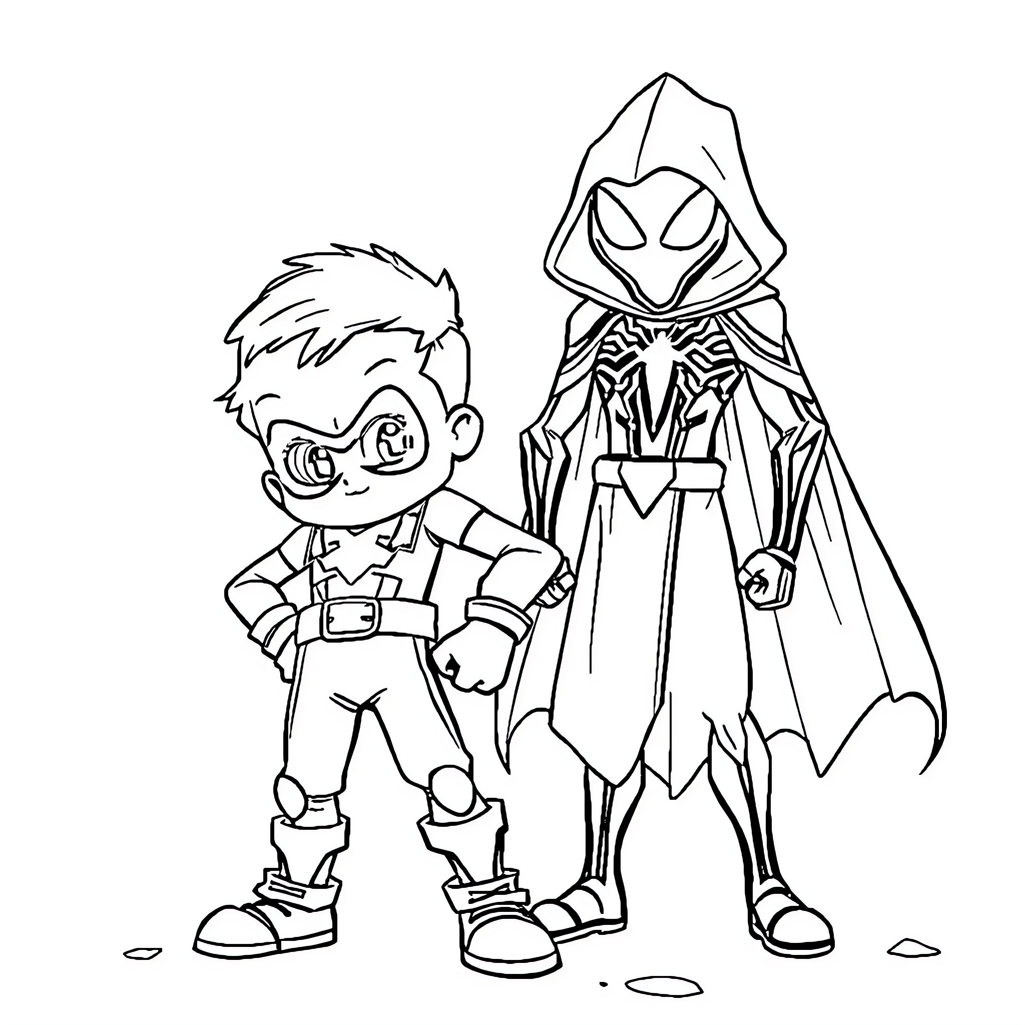 Rubble with superhero and caped figure Coloring Page (free black-and-white line drawing printable PDF for all, from beginners to advanced learners, including children, teens, adults, and seniors)