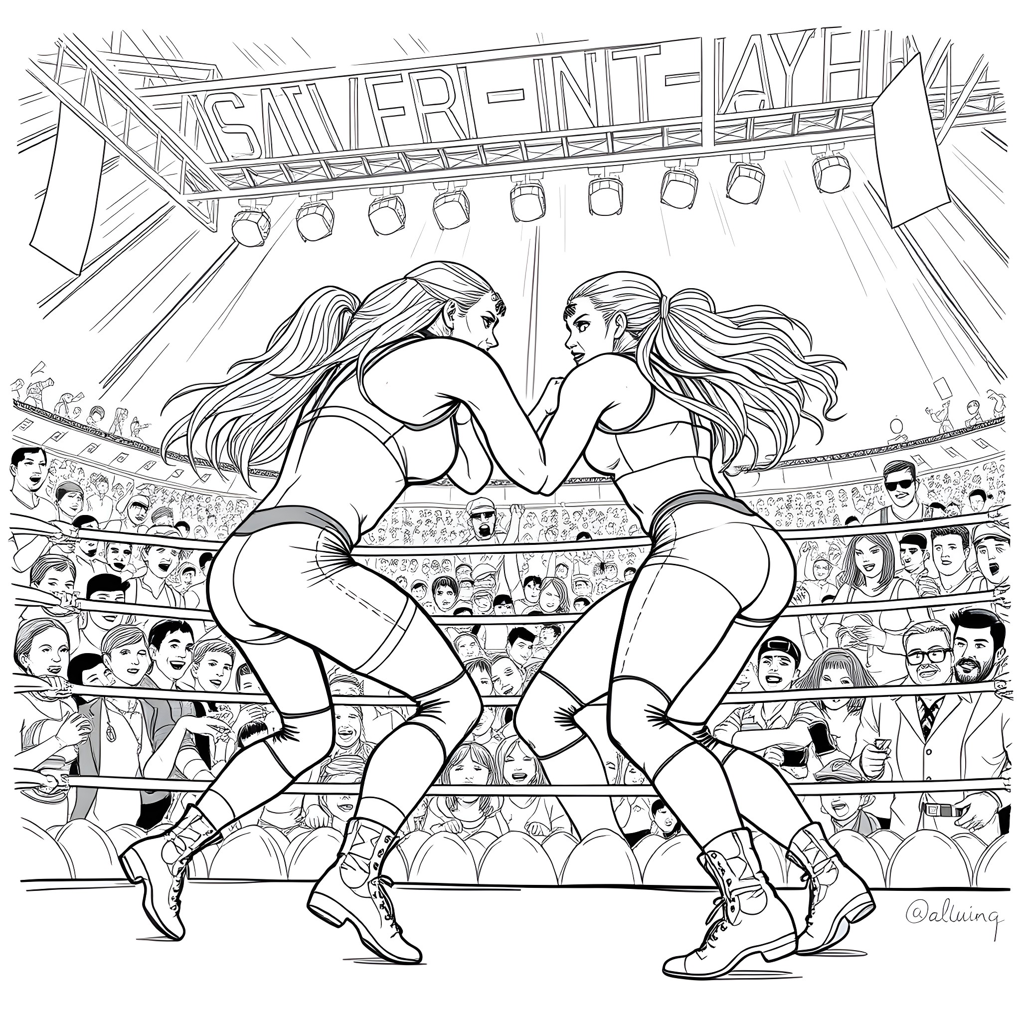 WWE Women in Intense Wrestling Match Coloring Page (free black-and-white line drawing printable PDF for all, from beginners to advanced learners, including children, teens, adults, and seniors)