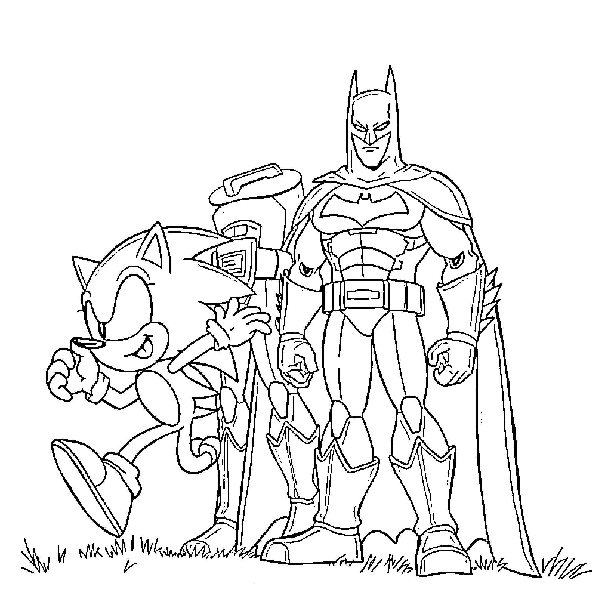 Sonic and Batman Heroic Duo Coloring Page (free black-and-white line drawing printable PDF for all, from beginners to advanced learners, including children, teens, adults, and seniors)