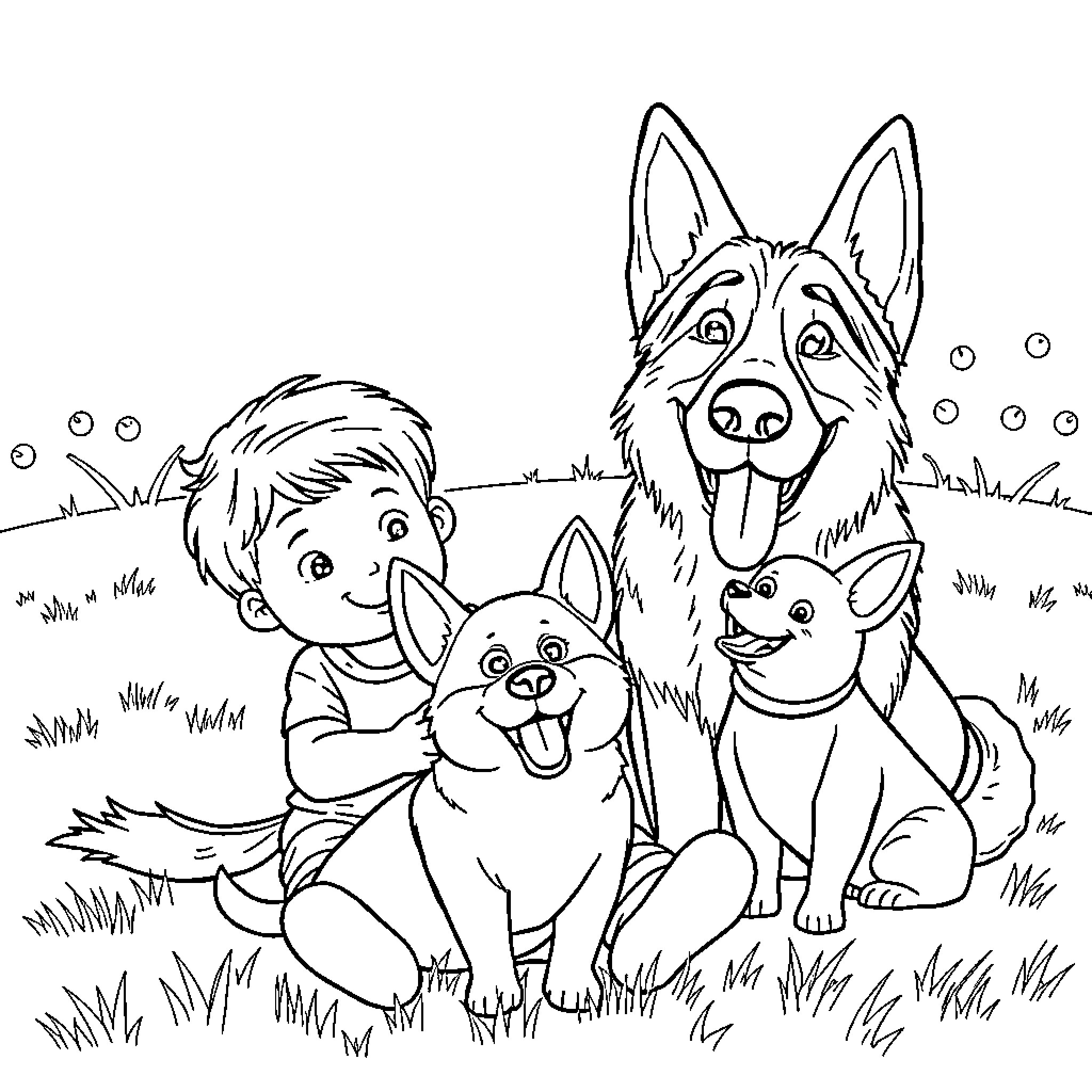 Toddler playing happily with friendly dogs in the park Coloring Page (free black-and-white line drawing printable PDF for all, from beginners to advanced learners, including children, teens, adults, and seniors)