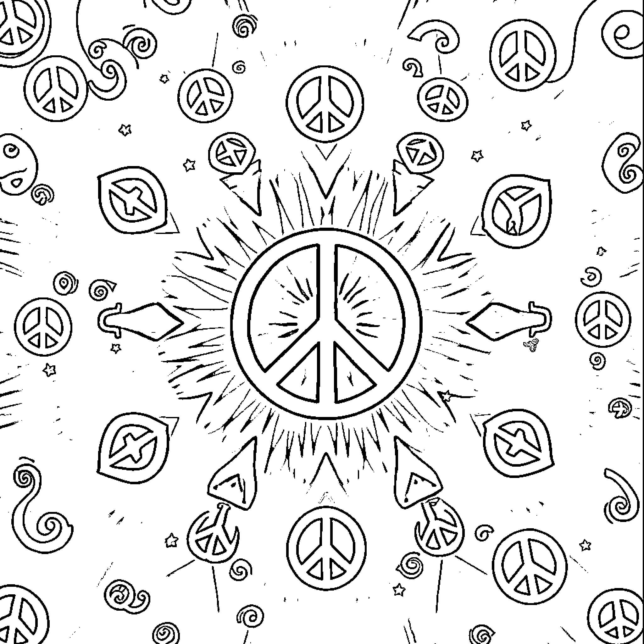 Peace Sign Pattern with Decorative Elements Coloring Page (free black-and-white line drawing printable PDF for all, from beginners to advanced learners, including children, teens, adults, and seniors)