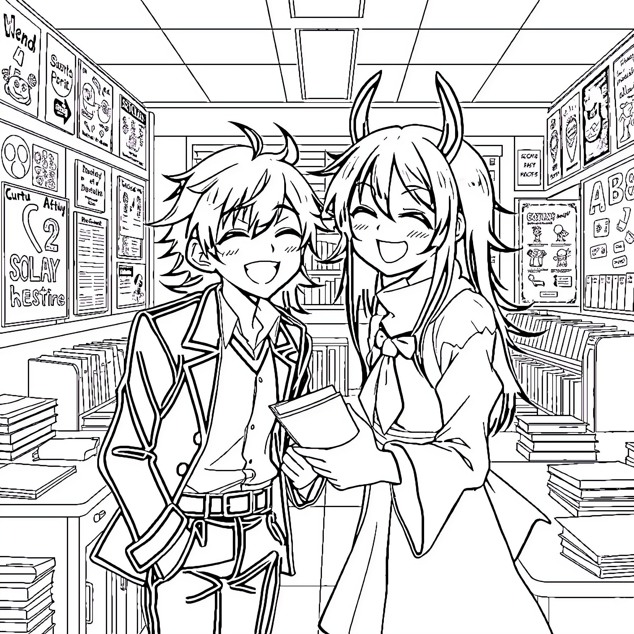 Demon Slayer Students in Library Coloring Page (free black-and-white line drawing printable PDF for all, from beginners to advanced learners, including children, teens, adults, and seniors)