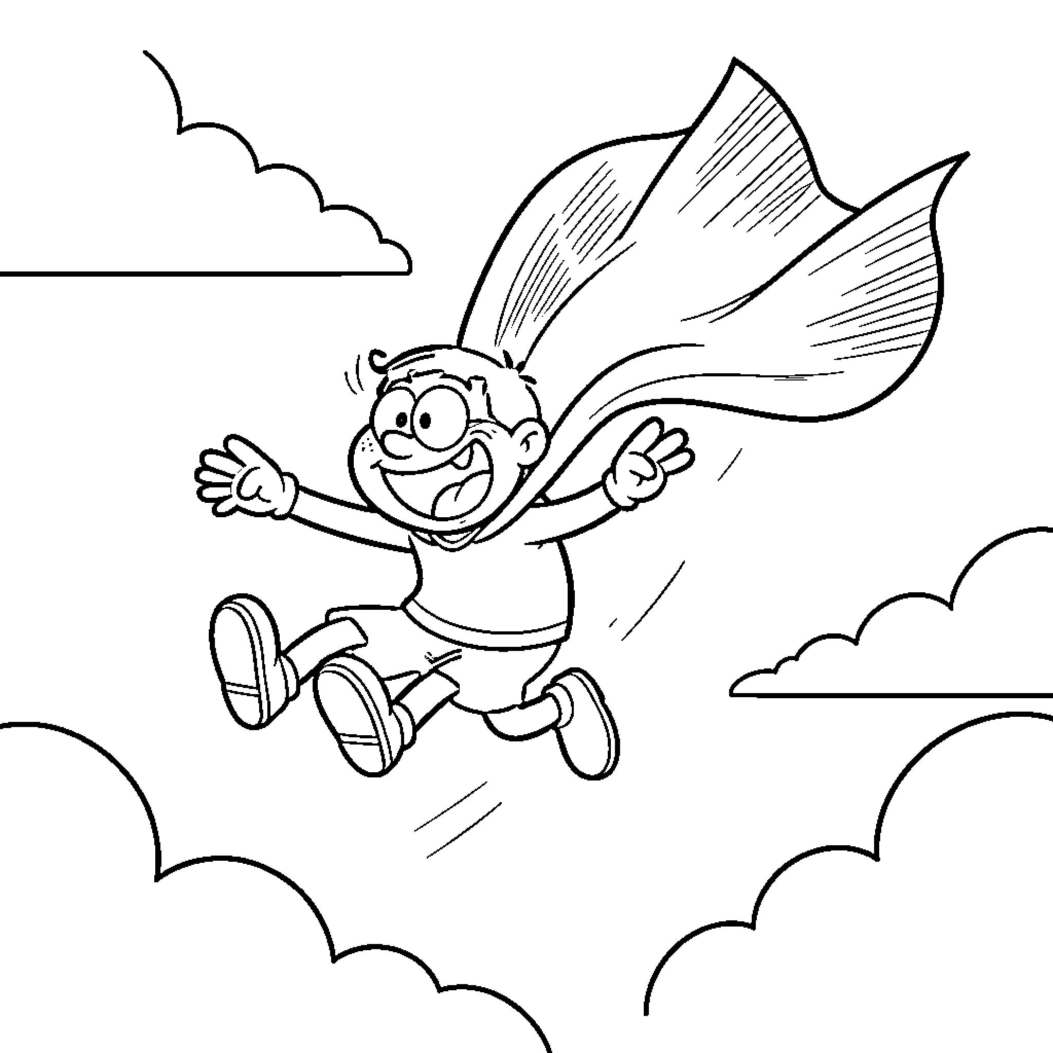 Captain Underpants flying through the sky Coloring Page (free black-and-white line drawing printable PDF for all, from beginners to advanced learners, including children, teens, adults, and seniors)