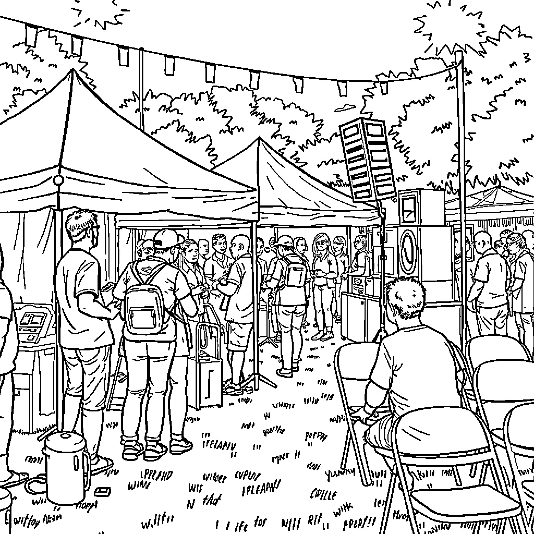 Event at a Lively Outdoor Market Coloring Page (free black-and-white line drawing printable PDF for all, from beginners to advanced learners, including children, teens, adults, and seniors)
