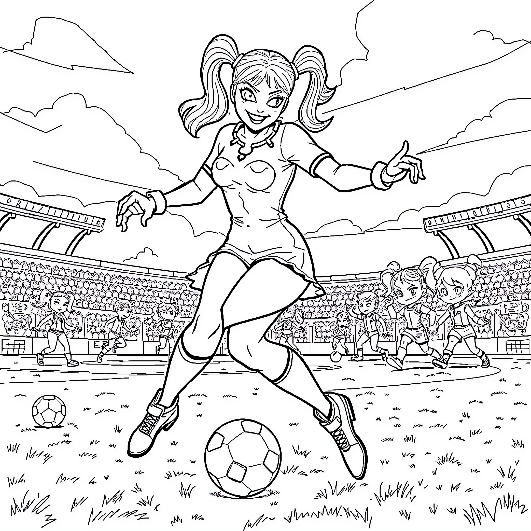 Harley Quinn playing soccer in a sports stadium Coloring Page (free black-and-white line drawing printable PDF for all, from beginners to advanced learners, including children, teens, adults, and seniors)