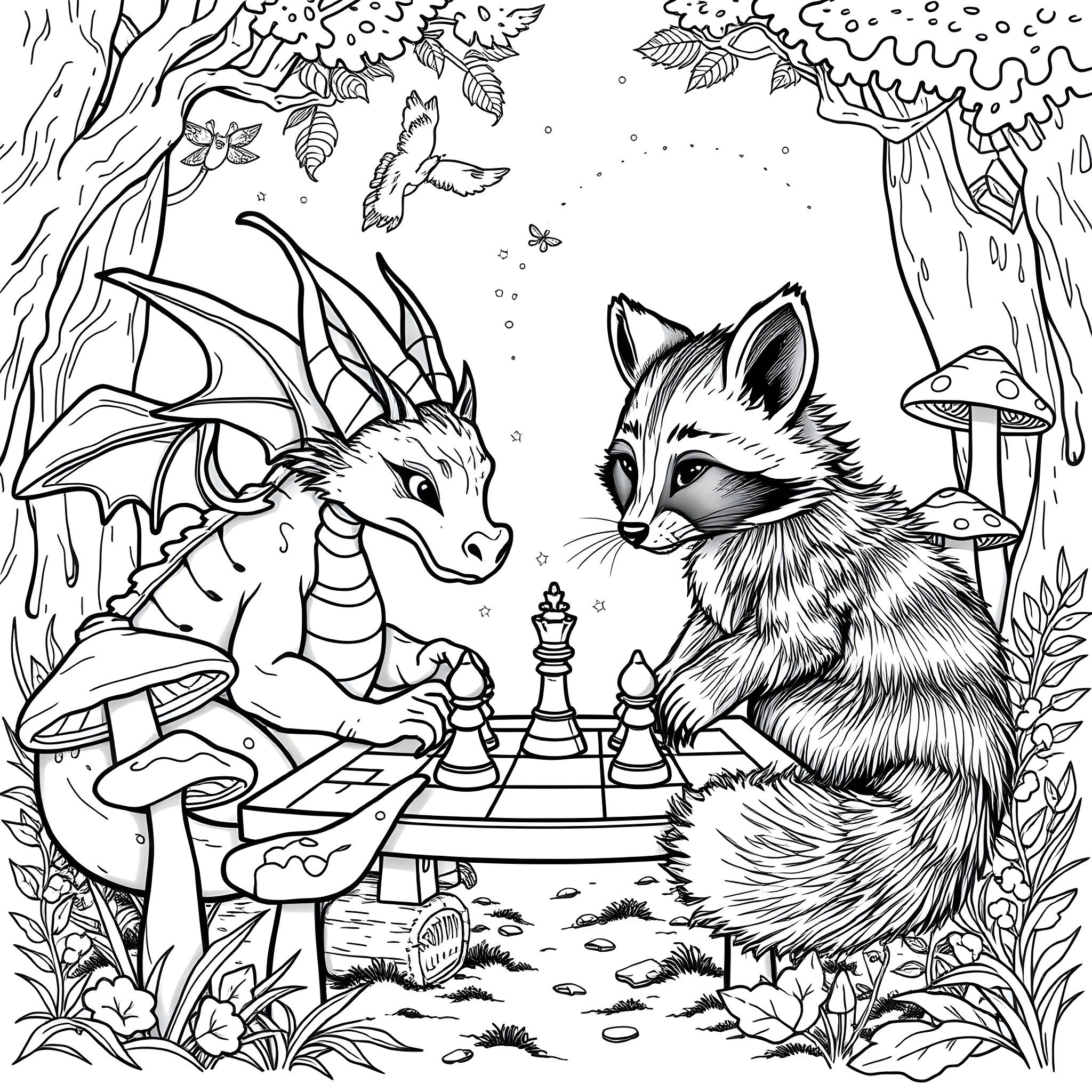 Dragon and Raccoon Playing Chess in Enchanted Forest Coloring Page (free black-and-white line drawing printable PDF for all, from beginners to advanced learners, including children, teens, adults, and seniors)