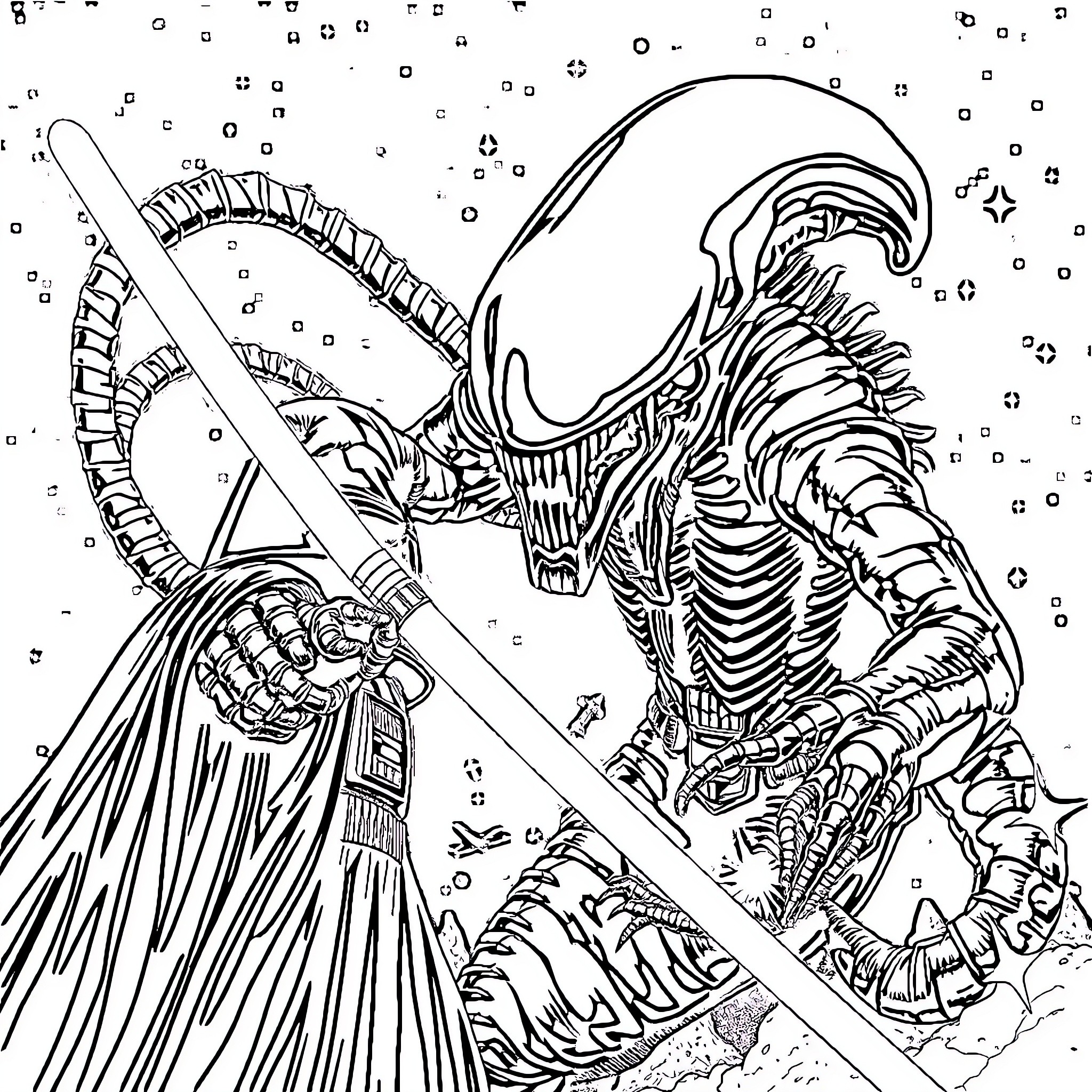 Xenomorph warrior wielding a deadly blade in battle Coloring Page (free black-and-white line drawing printable PDF for all, from beginners to advanced learners, including children, teens, adults, and seniors)