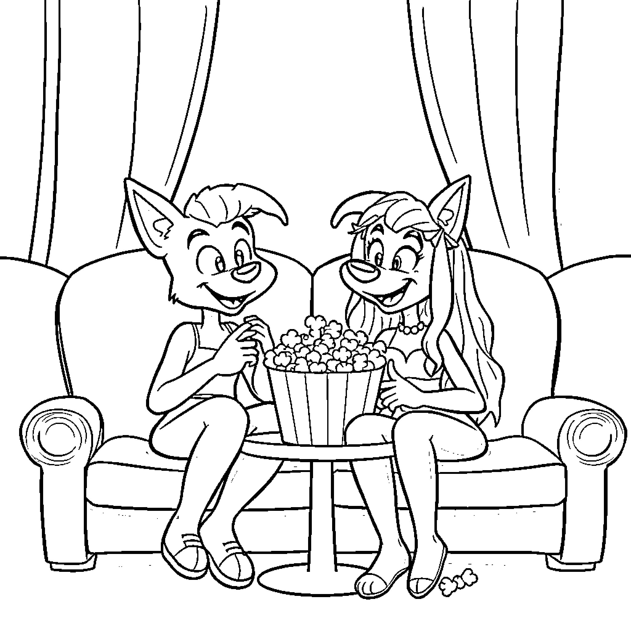 Bluey and Friends Enjoy Movie Night Snacks Coloring Page (free black-and-white line drawing printable PDF for all, from beginners to advanced learners, including children, teens, adults, and seniors)