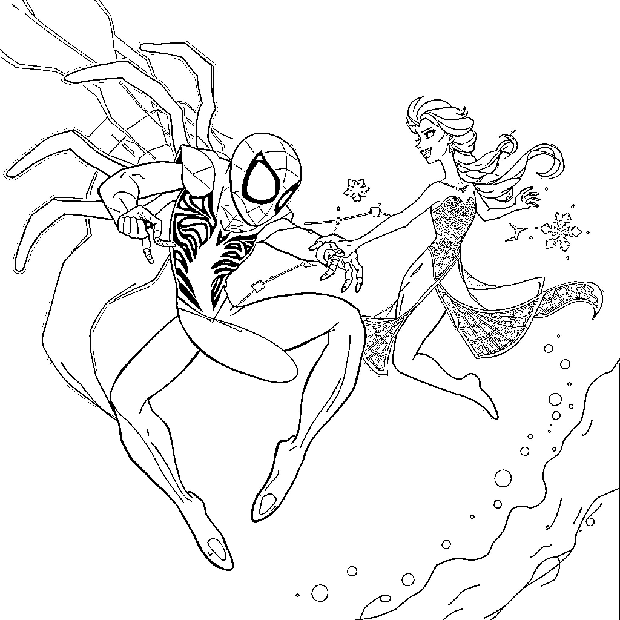 Ghost Spider Dancing with Mermaid in Underwater Adventure Coloring Page (free black-and-white line drawing printable PDF for all, from beginners to advanced learners, including children, teens, adults, and seniors)