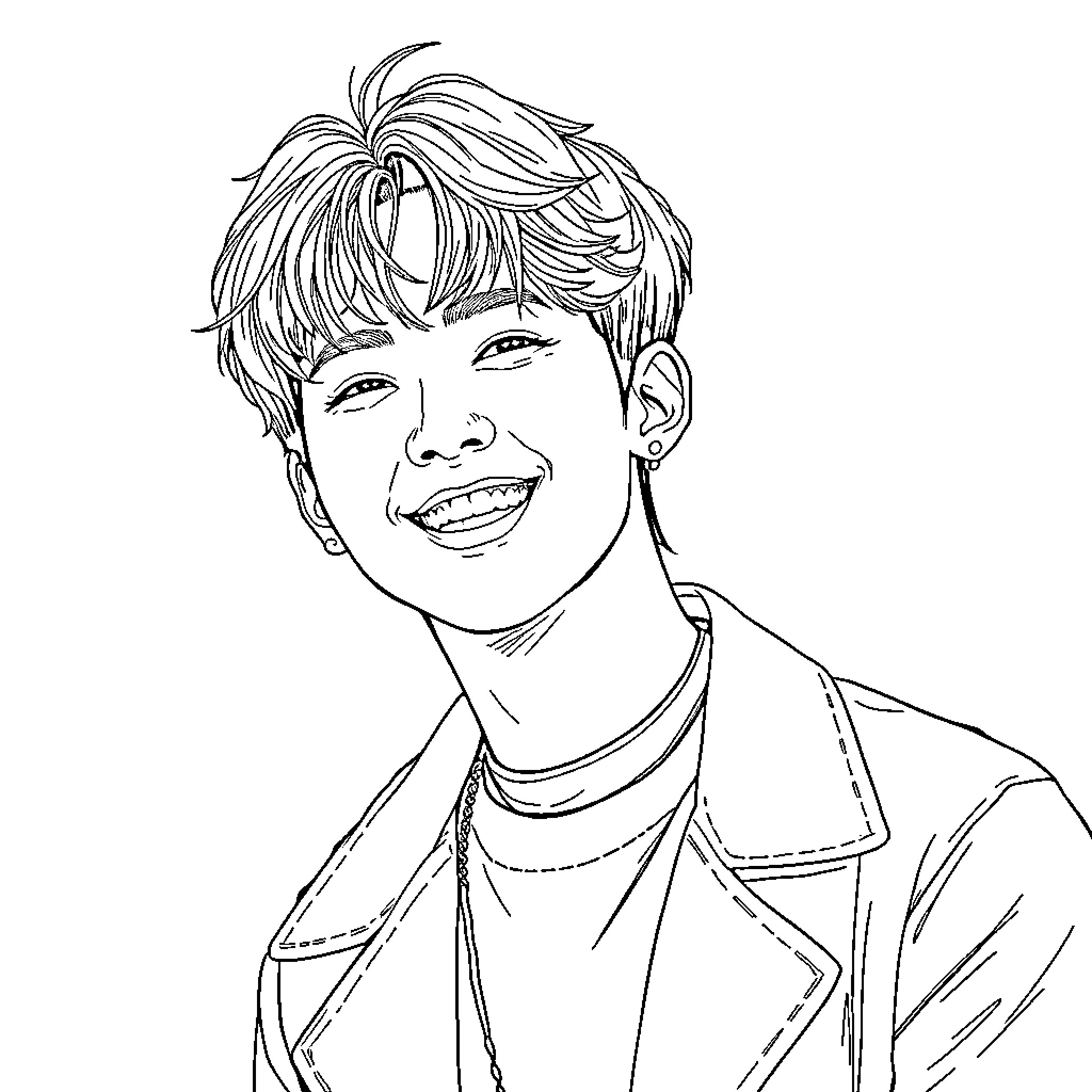 Park Jimin Smiling Cheerfully Coloring Page (free black-and-white line drawing printable PDF for all, from beginners to advanced learners, including children, teens, adults, and seniors)