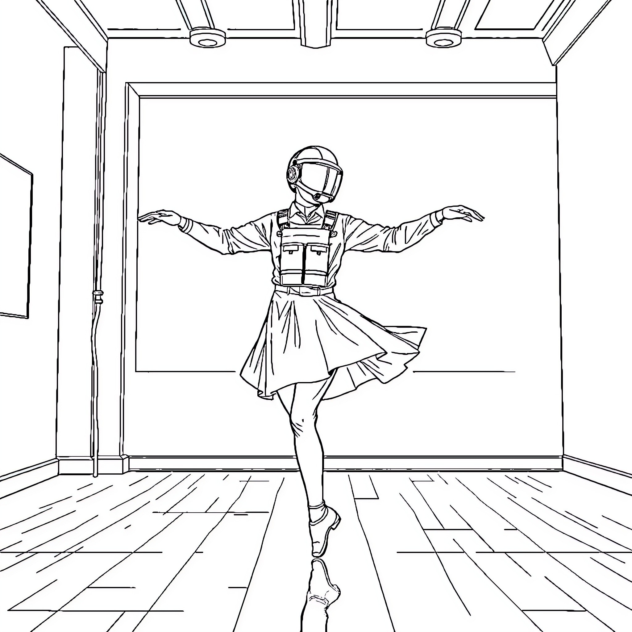EOD Ballerina in Protective Gear Coloring Page (free black-and-white line drawing printable PDF for all, from beginners to advanced learners, including children, teens, adults, and seniors)
