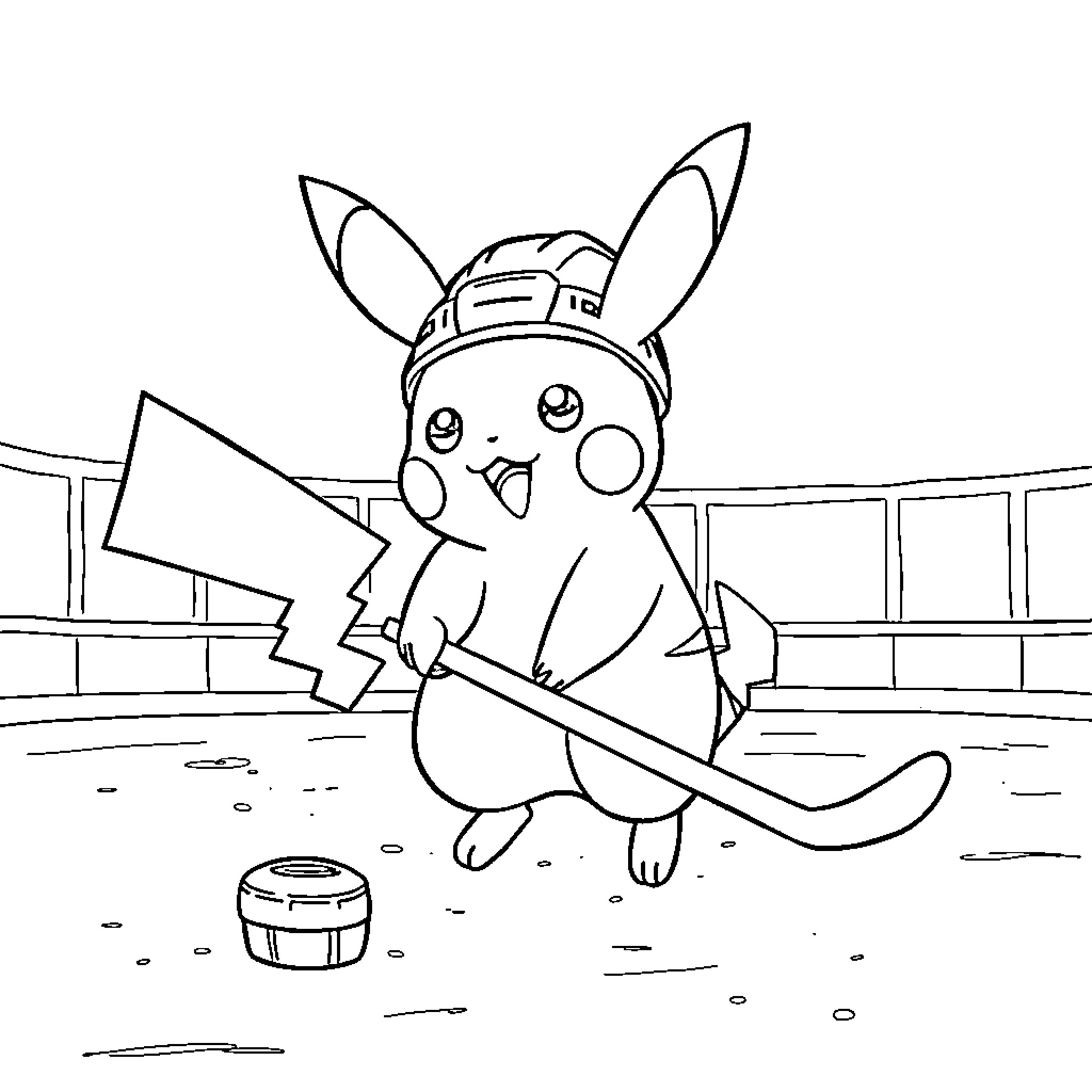 Pikachu playing with baseball equipment on field Coloring Page (free black-and-white line drawing printable PDF for all, from beginners to advanced learners, including children, teens, adults, and seniors)