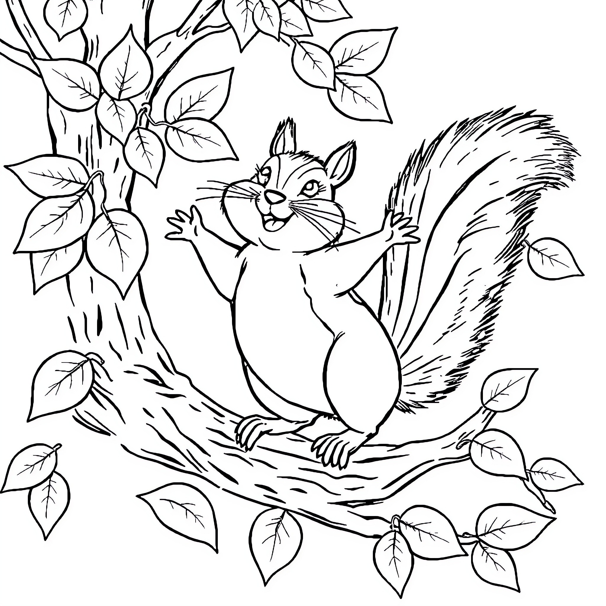 Chipmunk sitting on a tree branch surrounded by leaves Coloring Page (free black-and-white line drawing printable PDF for all, from beginners to advanced learners, including children, teens, adults, and seniors)