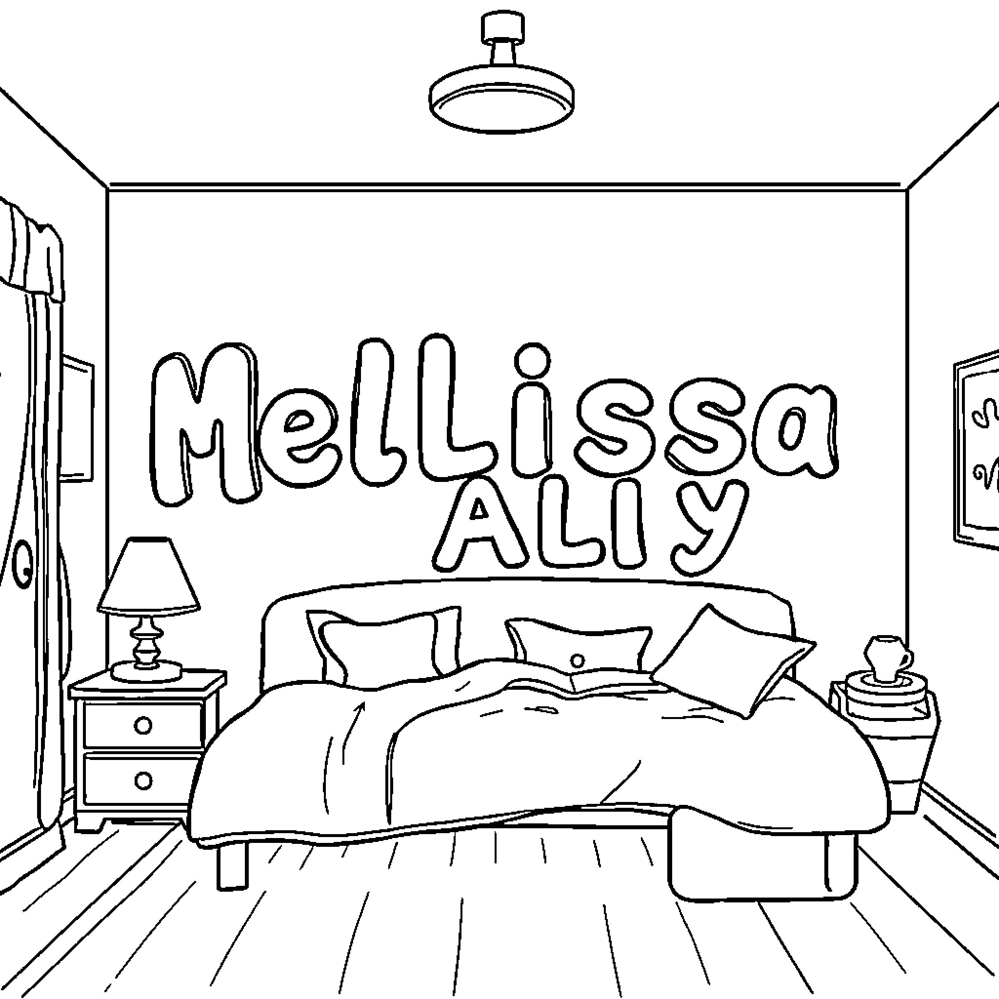 Melissa and Ally's cozy bedroom Coloring Page (free black-and-white line drawing printable PDF for all, from beginners to advanced learners, including children, teens, adults, and seniors)