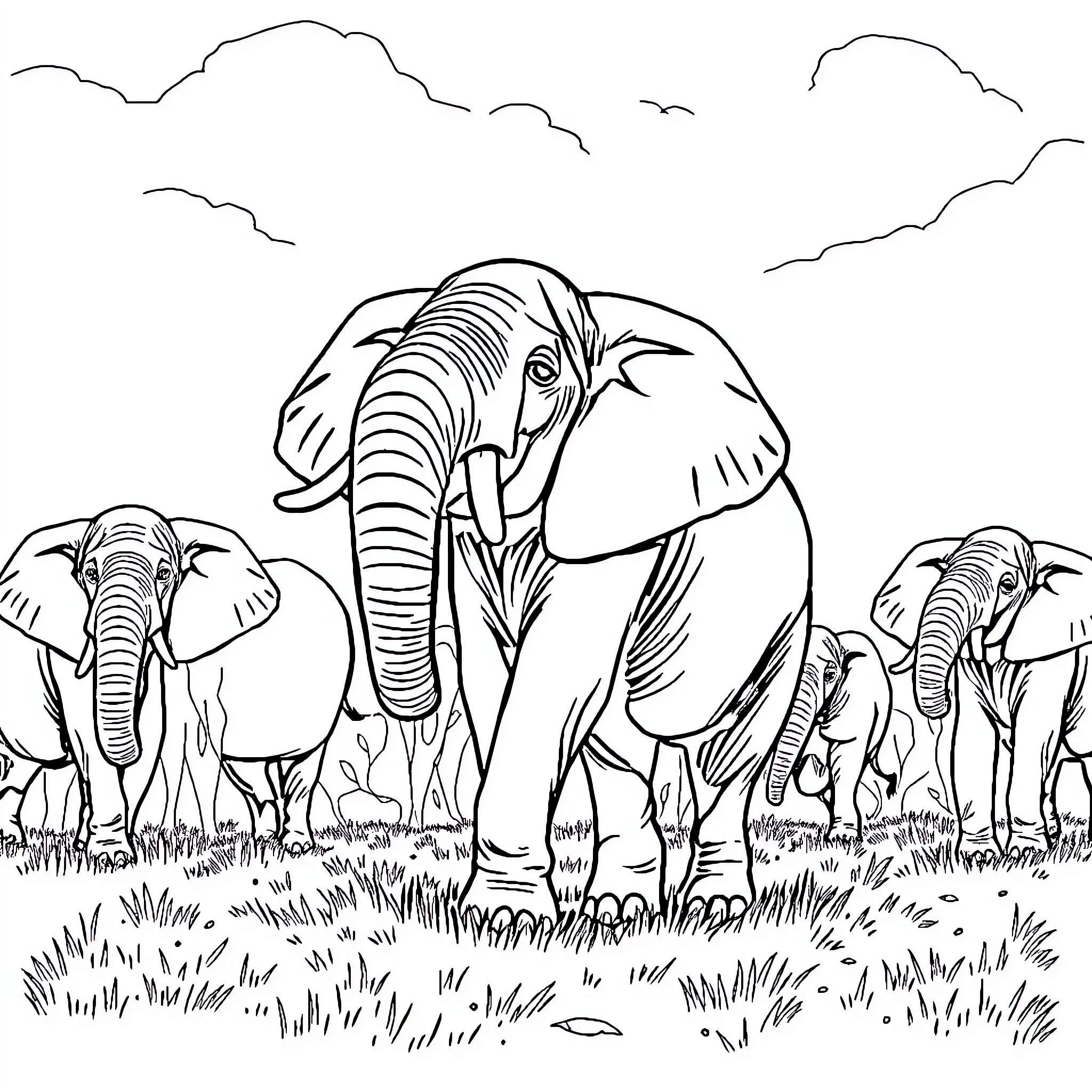 Elephant Herd in Serene Grasslands Coloring Page (free black-and-white line drawing printable PDF for all, from beginners to advanced learners, including children, teens, adults, and seniors)