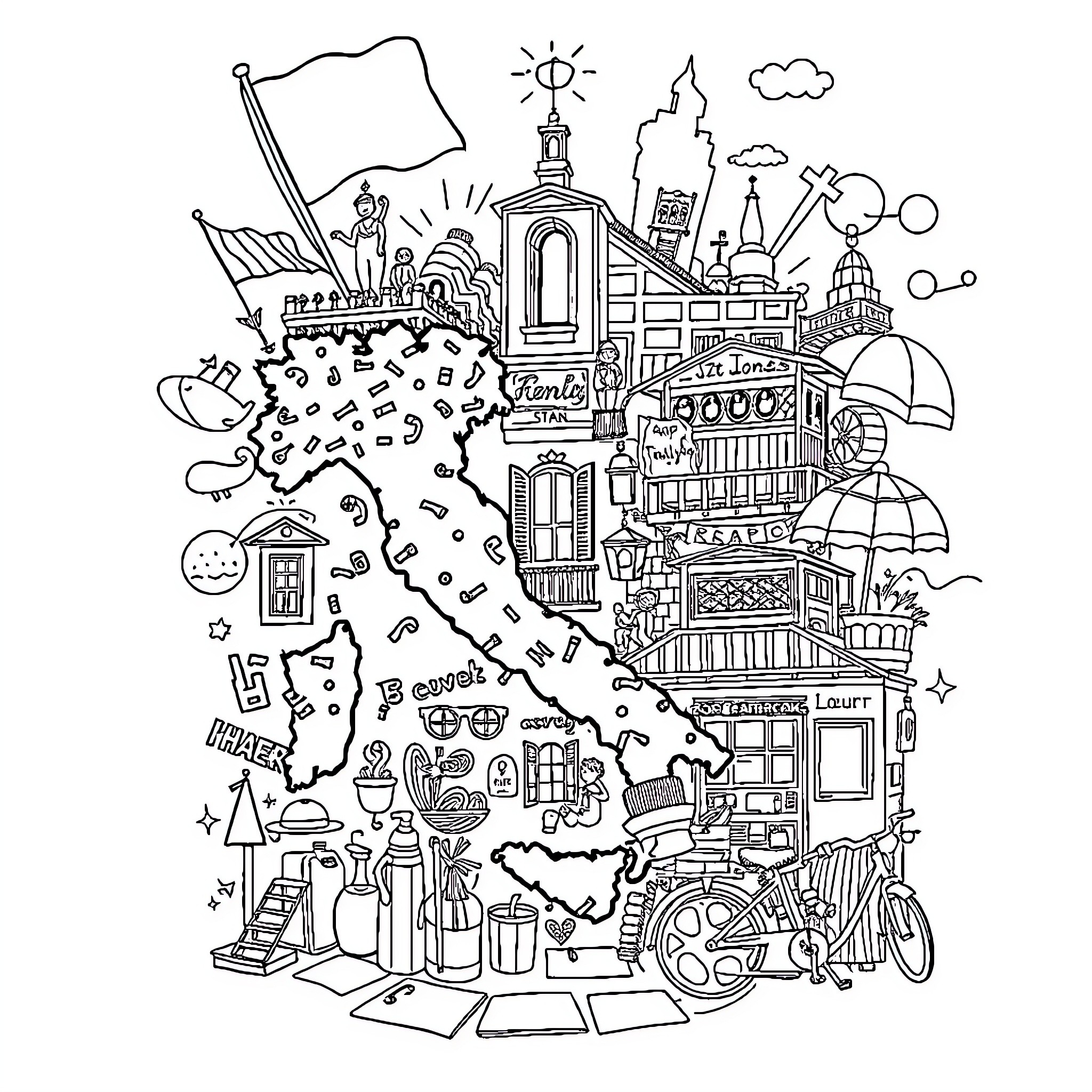 Brain doodles of cityscape and various elements Coloring Page (free black-and-white line drawing printable PDF for all, from beginners to advanced learners, including children, teens, adults, and seniors)