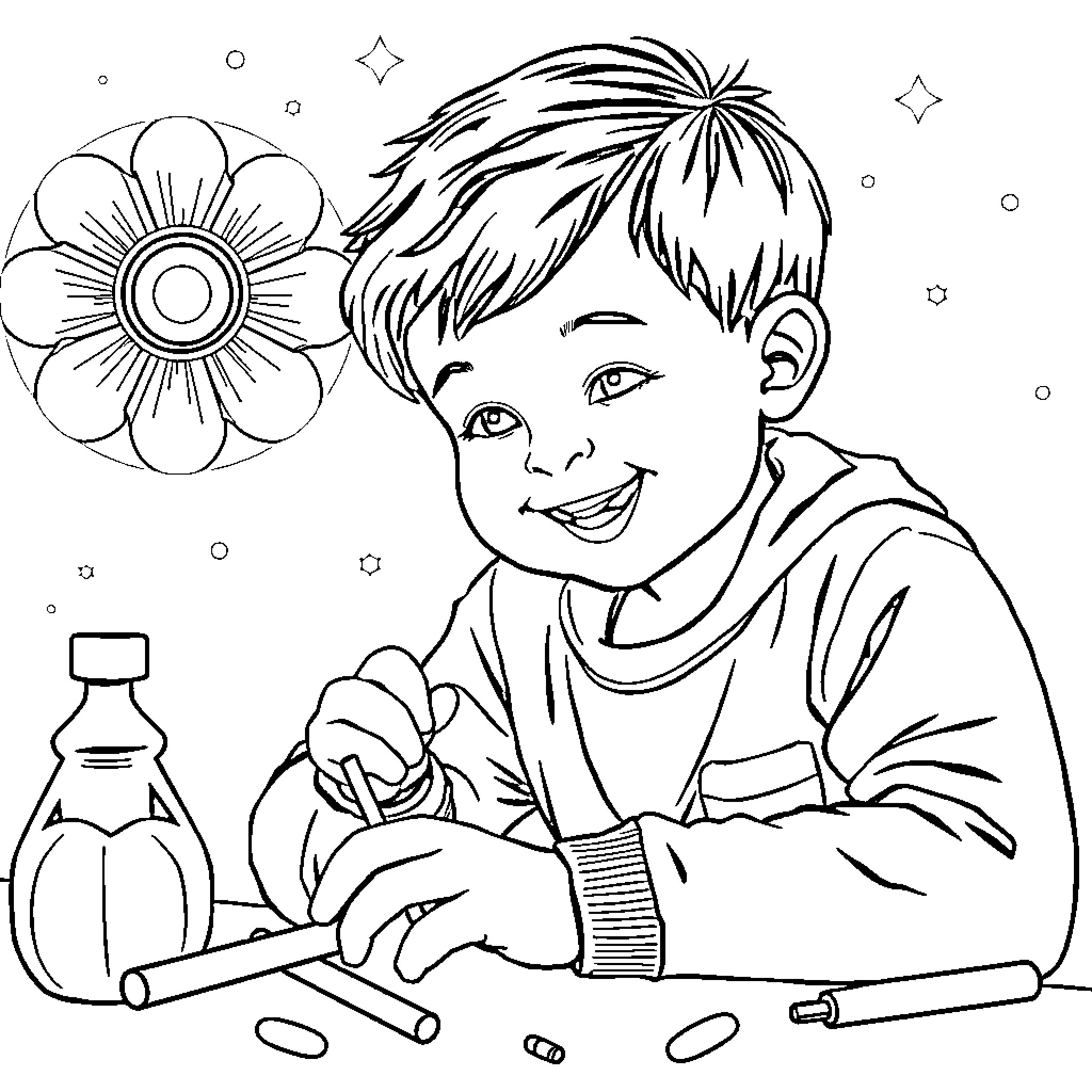 Child enjoying arts and crafts Coloring Page (free black-and-white line drawing printable PDF for all, from beginners to advanced learners, including children, teens, adults, and seniors)