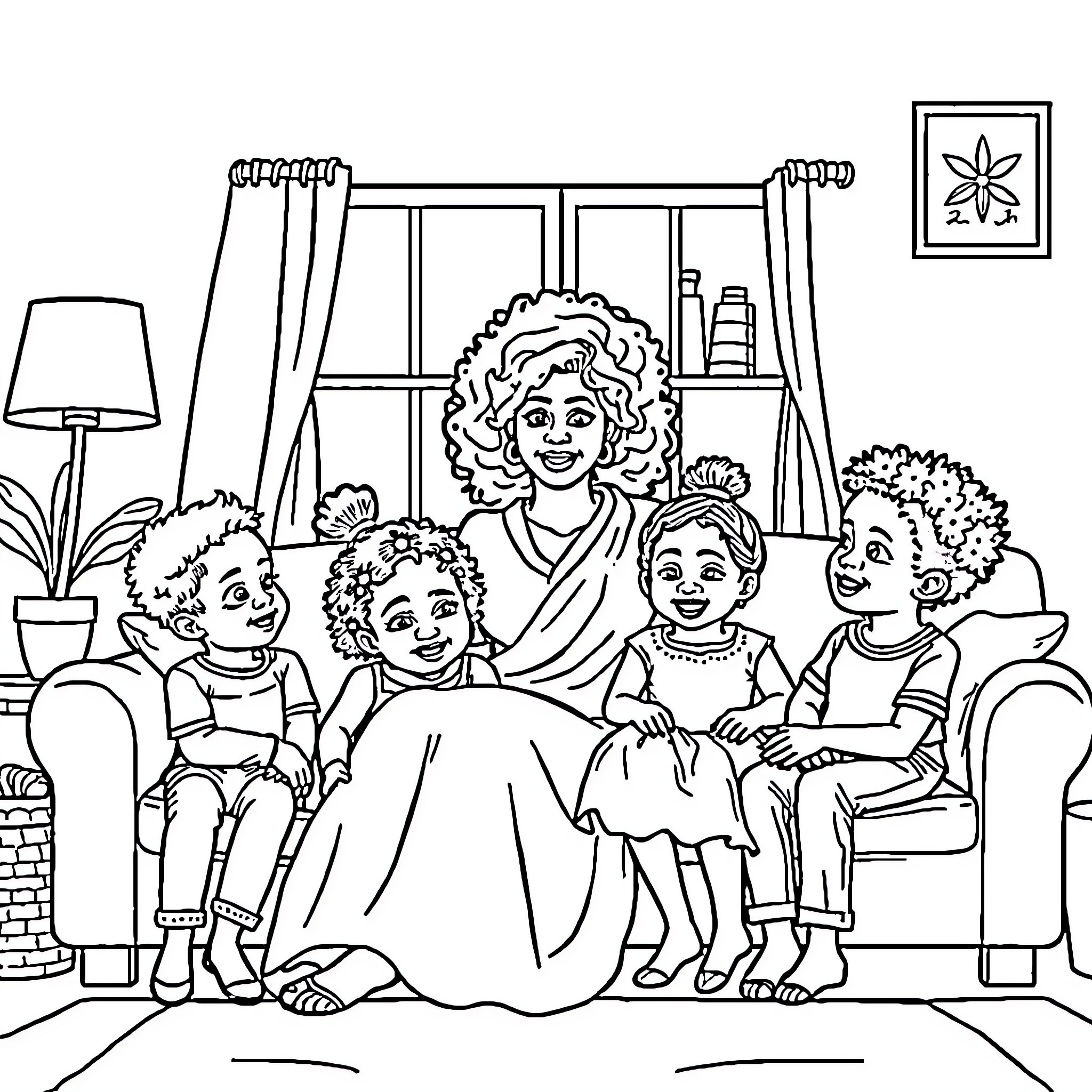 Mother Spending Quality Time with Her Children Coloring Page (free black-and-white line drawing printable PDF for all, from beginners to advanced learners, including children, teens, adults, and seniors)